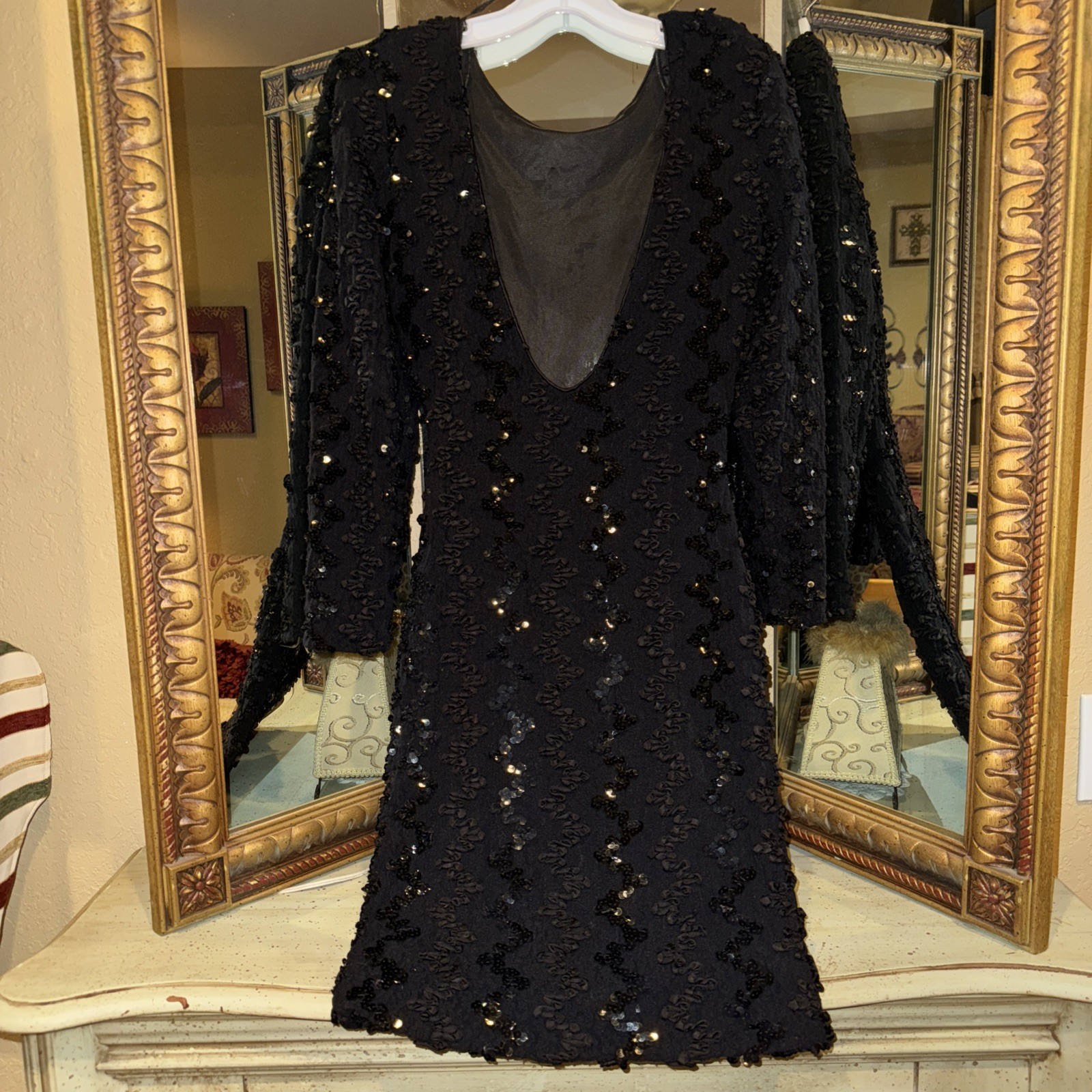Vintage A La Carte California Stretch Body Con Ribbon Lace Sequin Black Dress S