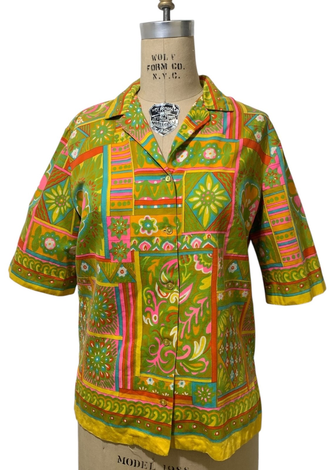ALEX COLMAN Vintage 60s/70s Women&rsquo;s Psychedelic Print Cotton Blouse Shirt – Sz L