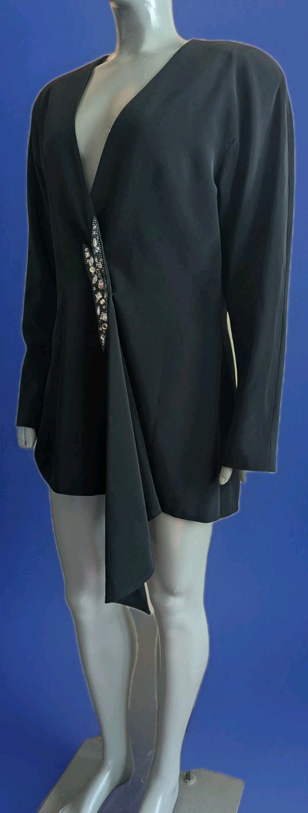 Vintage 80s D&rsquo;ore Black Draped Jacket w/Rhinestone Accent Draped Fold 16