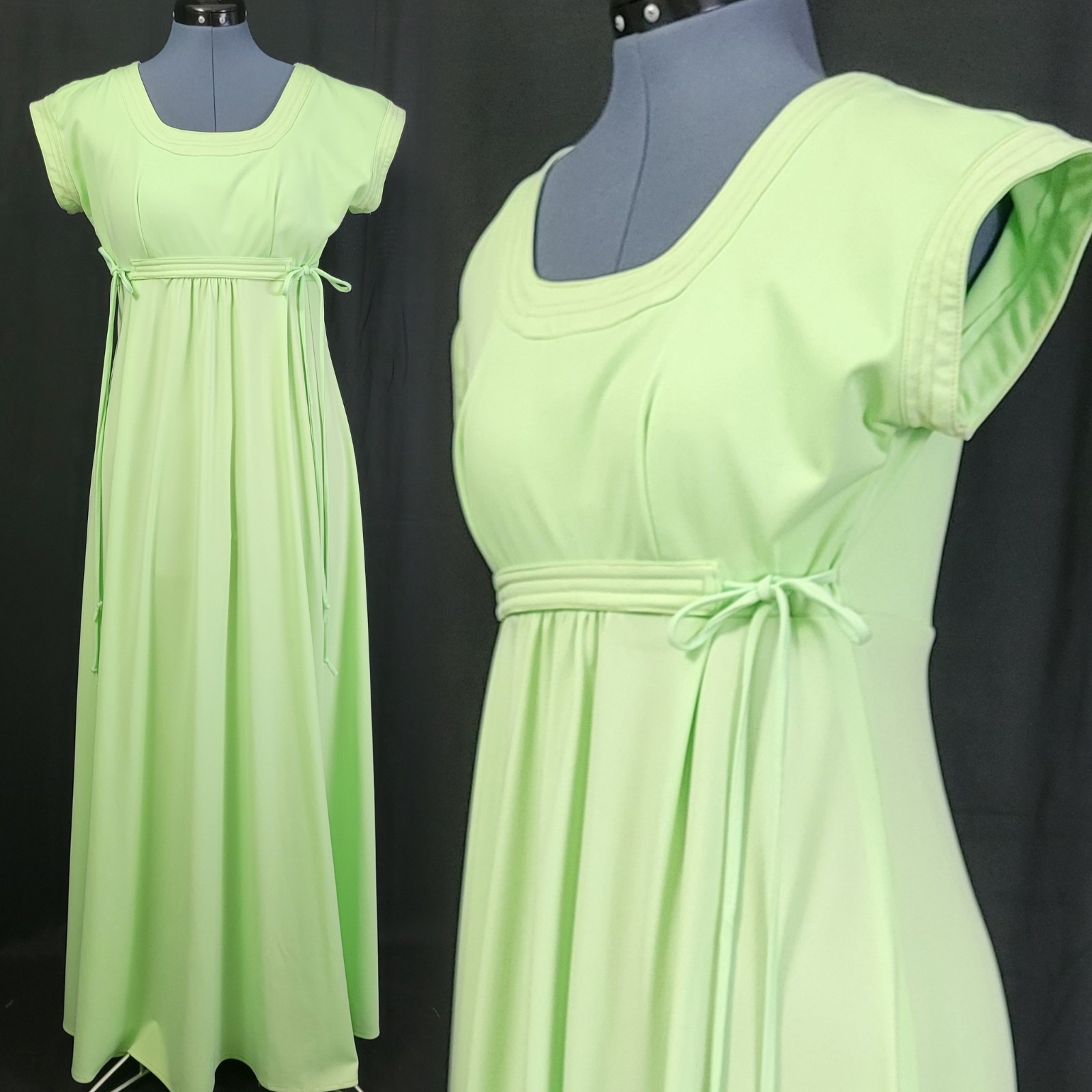 Vintage Light Green Maxi Dress w Raised Waistline & Squared Neckline Size S/M?