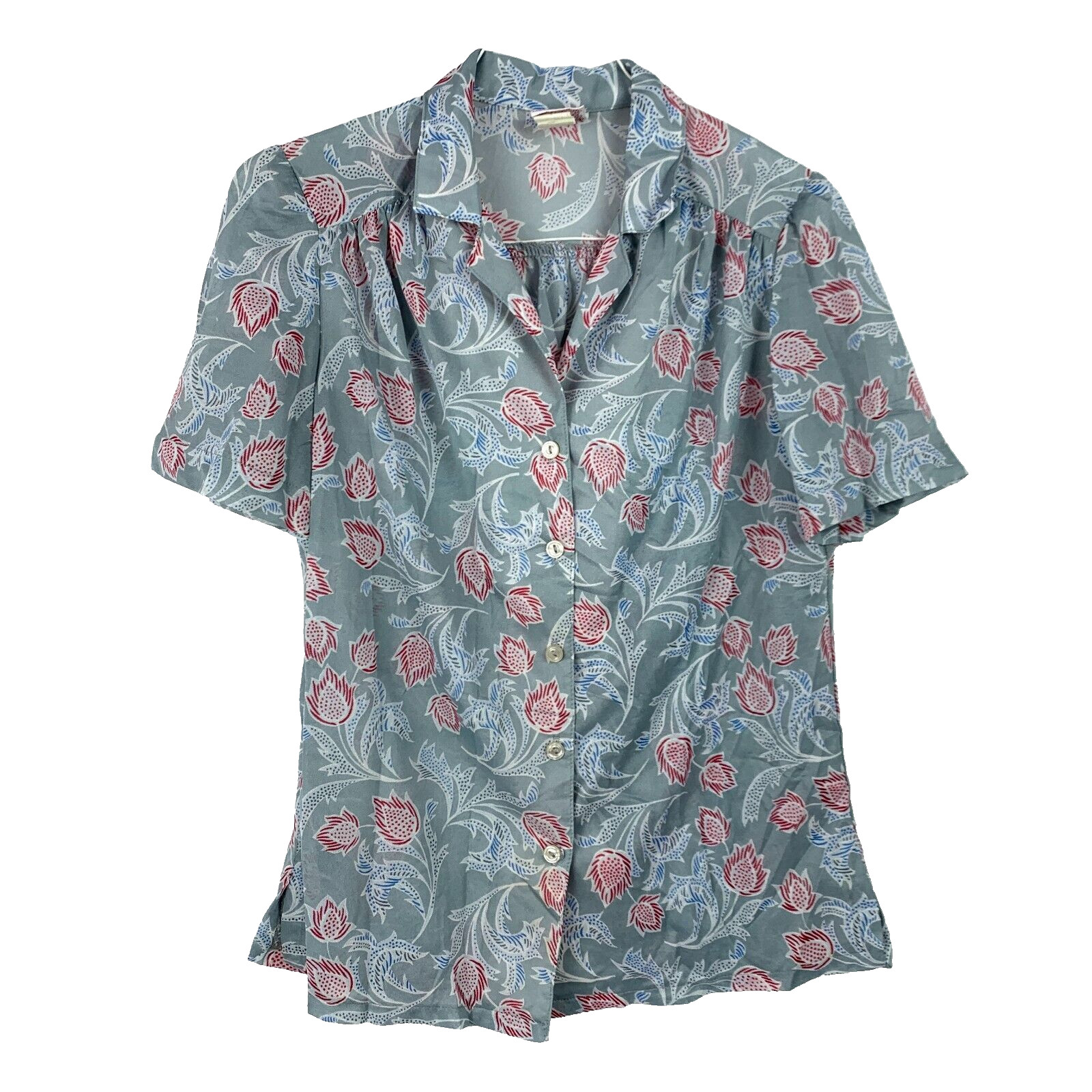 Vintage 70s Graff Californiawear Short Sleeve Sheer Button Up Gray Shirt Size 10