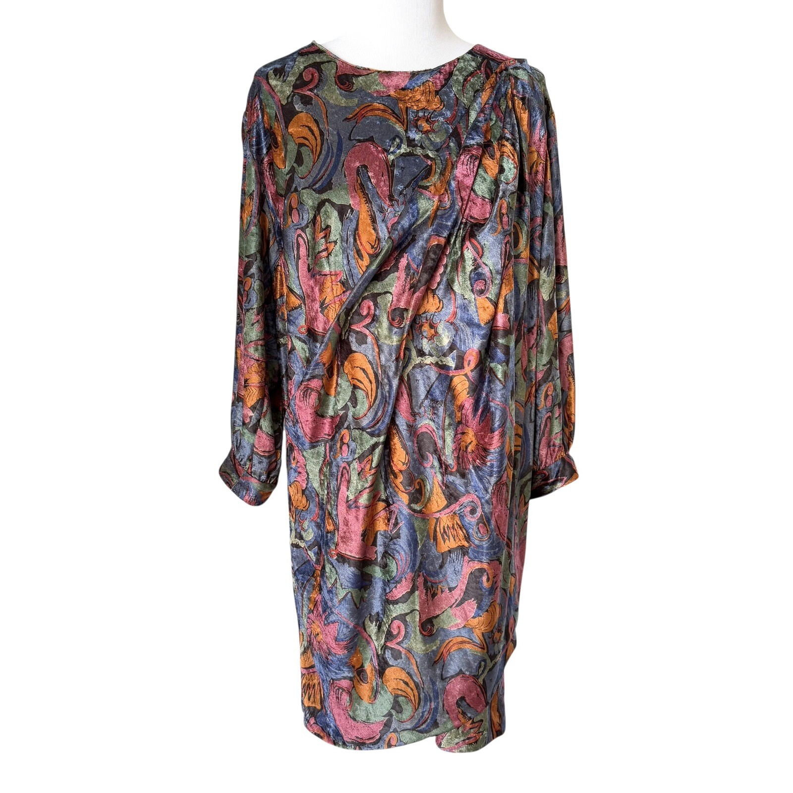 VTG 80s Velvet Party Formal Cocktail Evening Drape Dress Long Sleeves Abstract