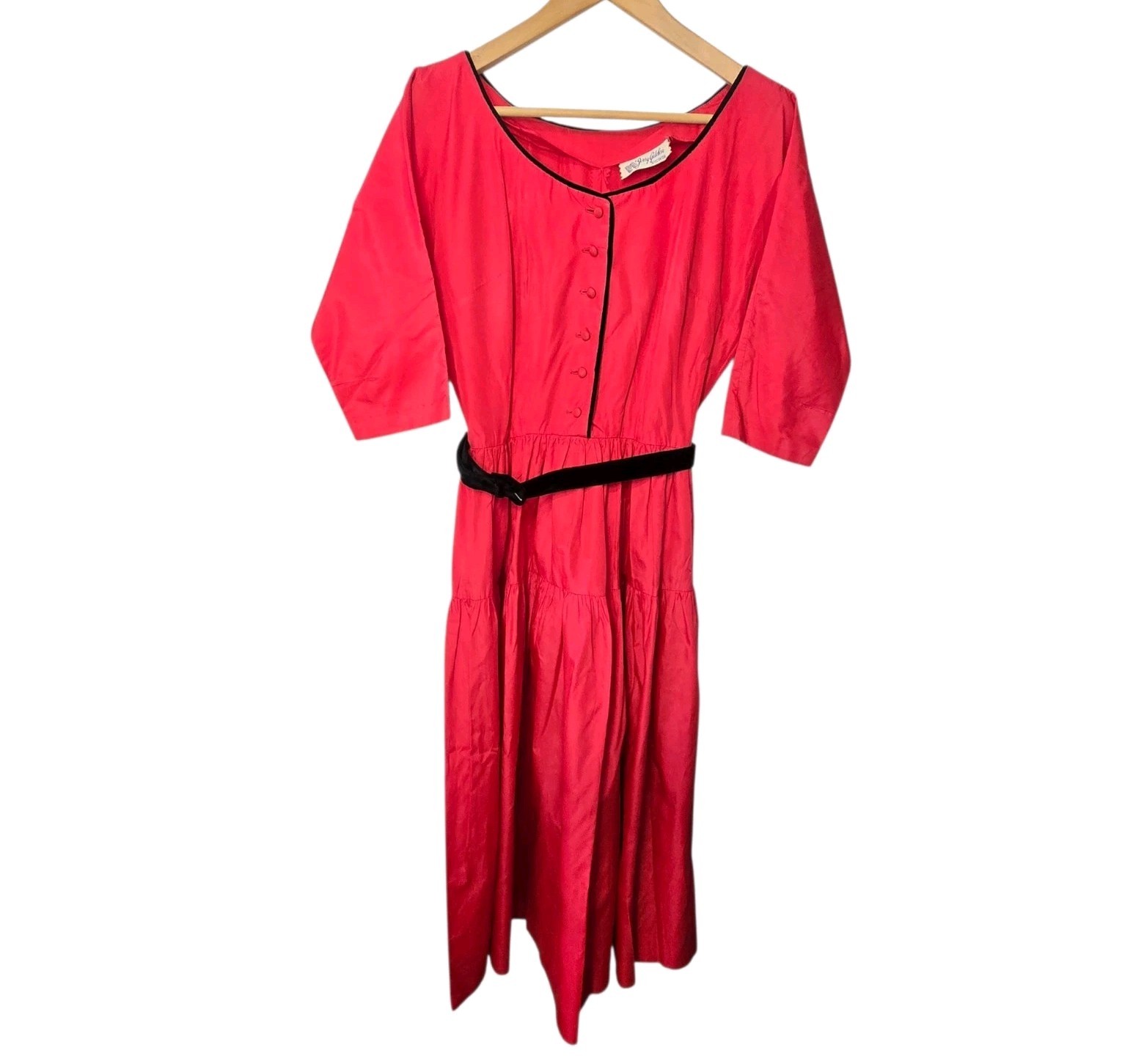 Vintage 80s Jerry Gilden Spectator Red Maxi Dress Black Velvet Trim Belt Size M