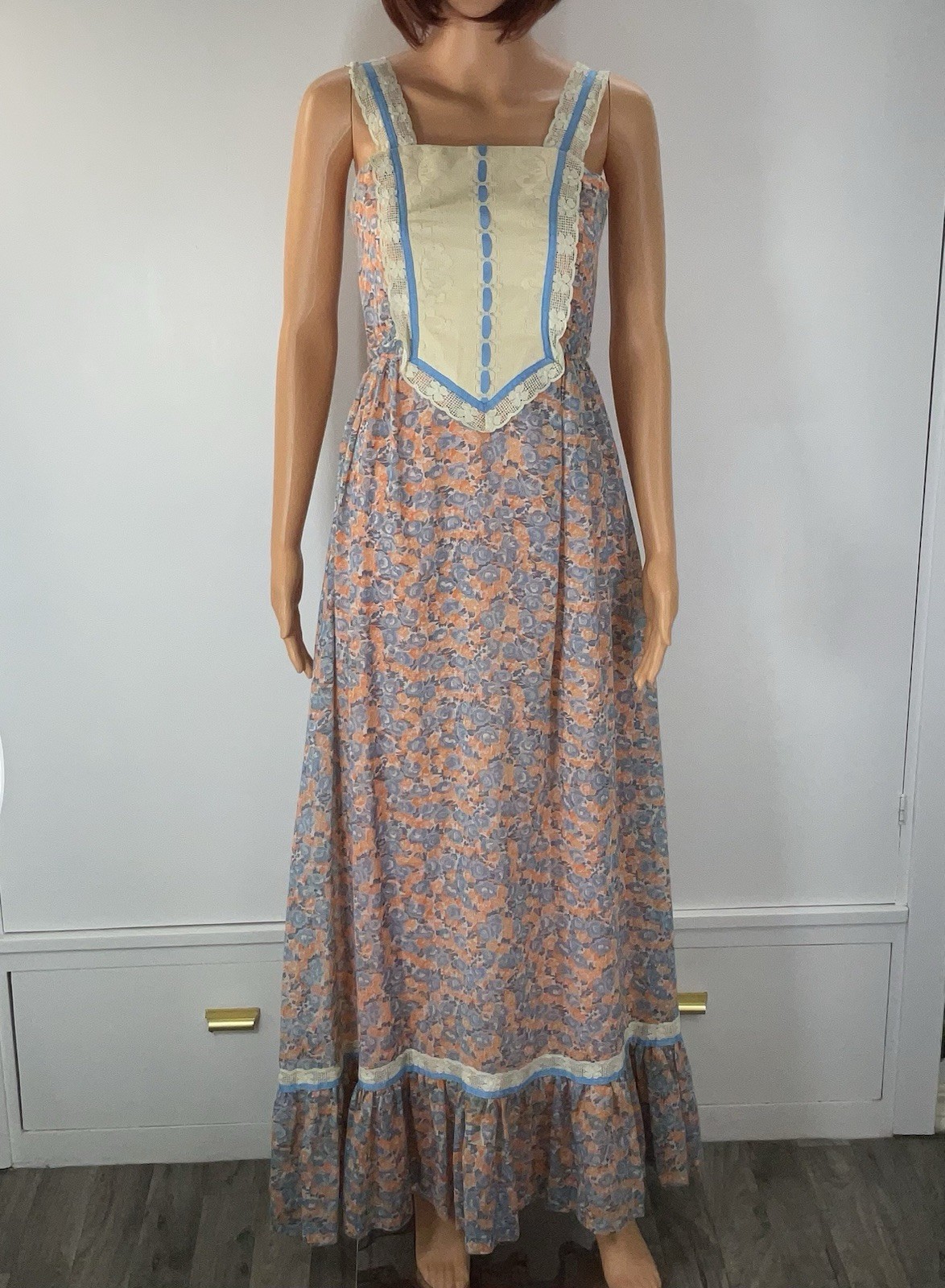 70s Praire Maxi Dress VTG Candi Jones Peach Blue Floral Lace Boho Hippie Sz 9