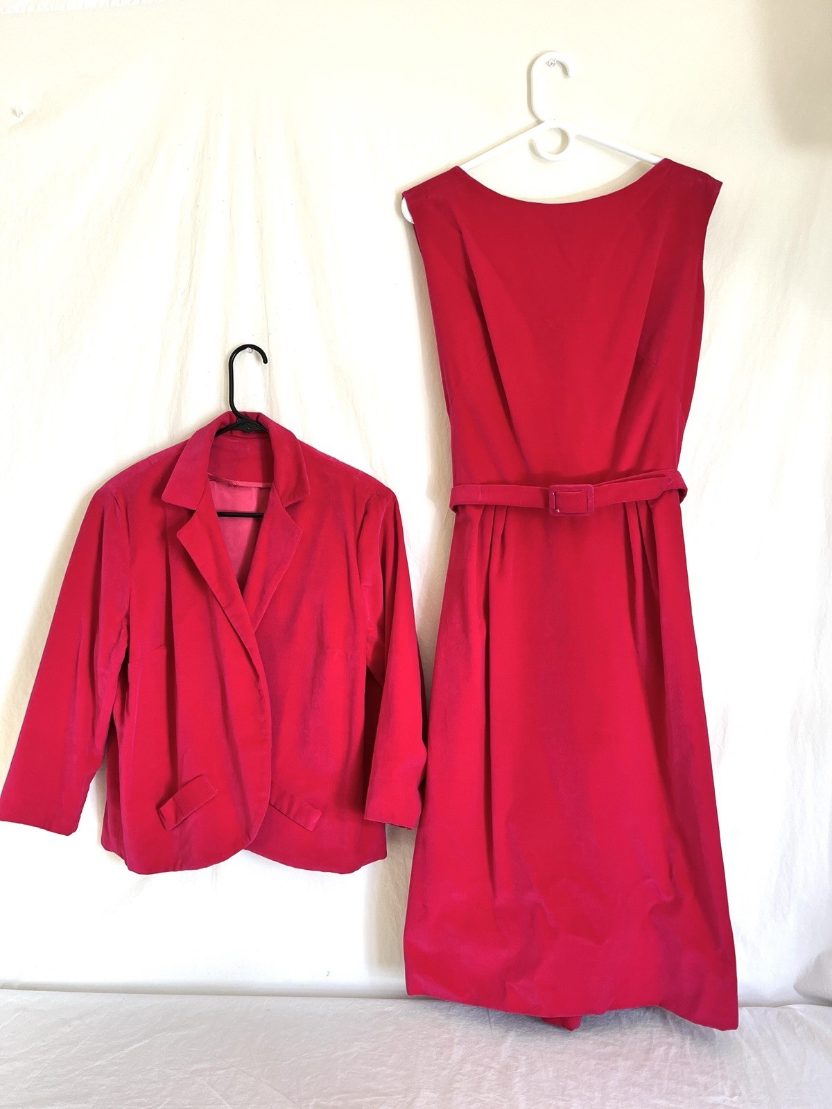 Vintage Hot Pink Velvet Dress and Jacket Handmade Vogue Pattern Belted Sheath