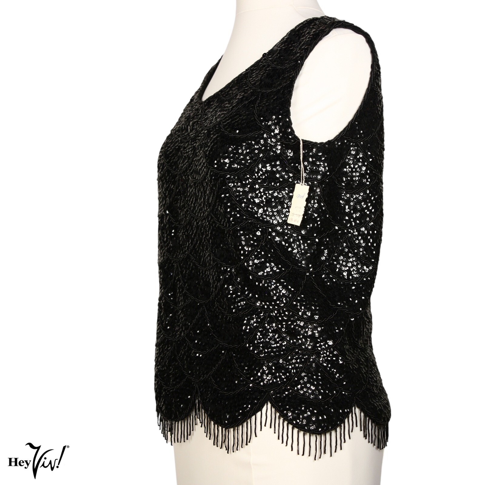 Vintage Black Sequin Bead Shell Top Scalloped Fringe Metal Zip B38 W36 – Hey Viv