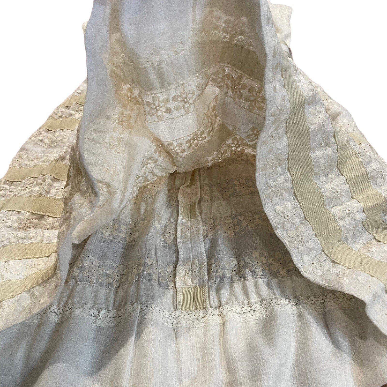 L&rsquo;Aiglon 60s Eyelet Embroidered Sheath Dress Sz S/M Ivory Beige Linen Look