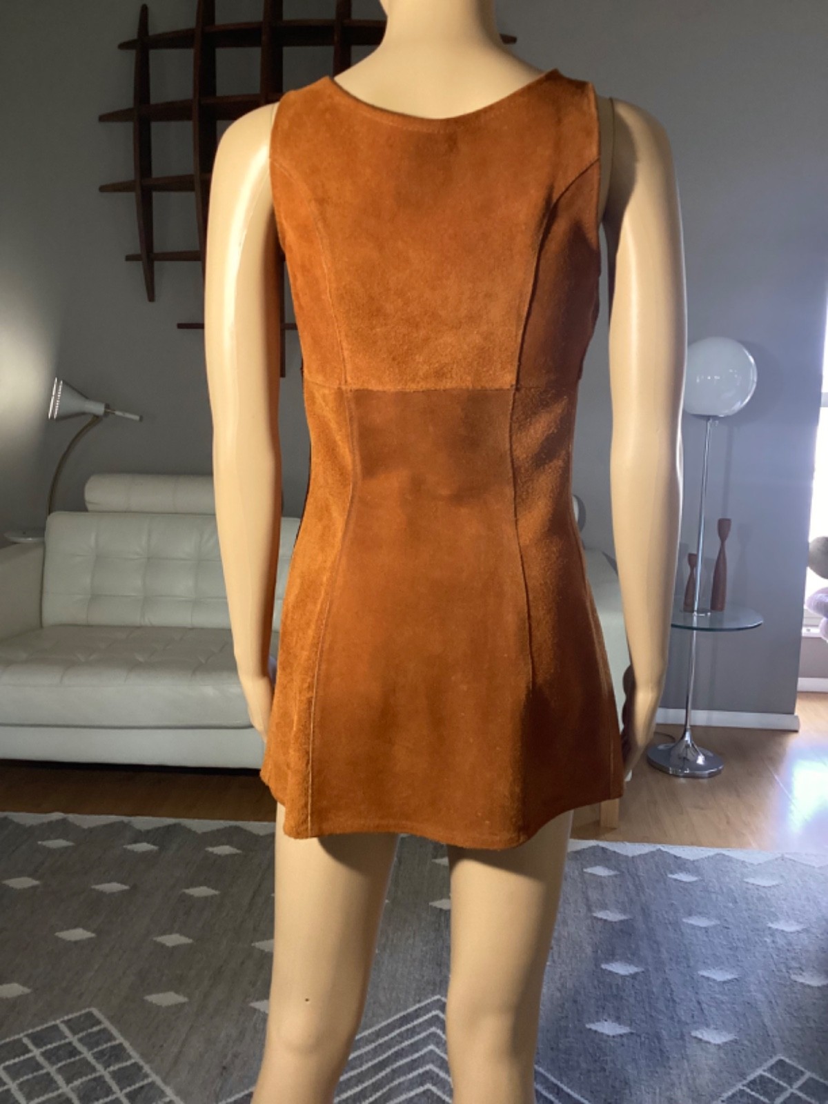 Vintage 1970&rsquo;s Brown Suede Leather Mini Dress Hippie Woodstock XS/S
