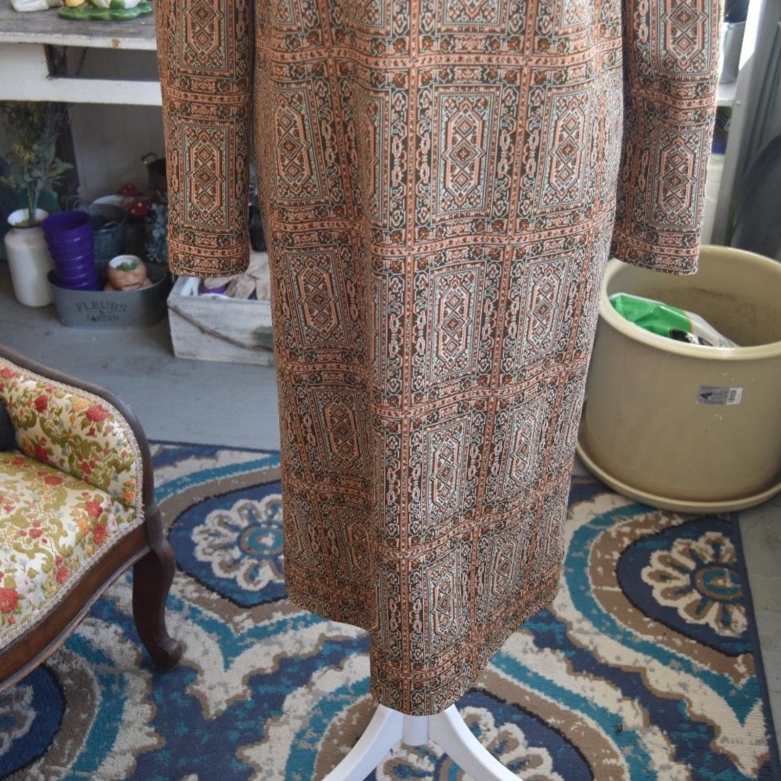 Vintage 60s 70s Mod Geometric Shift Dress Boho Lounge Maxi Large