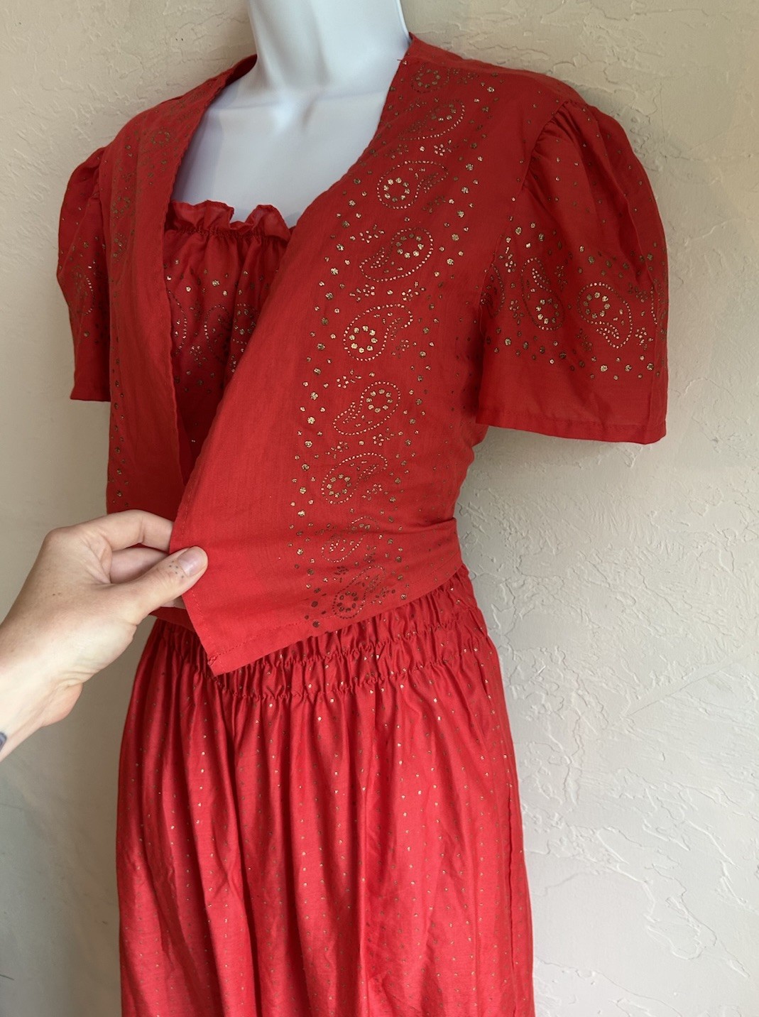 Vintage 1970s Strapless Jumpsuit Duster Set L Red Gold Harem Balloon Boho Disco