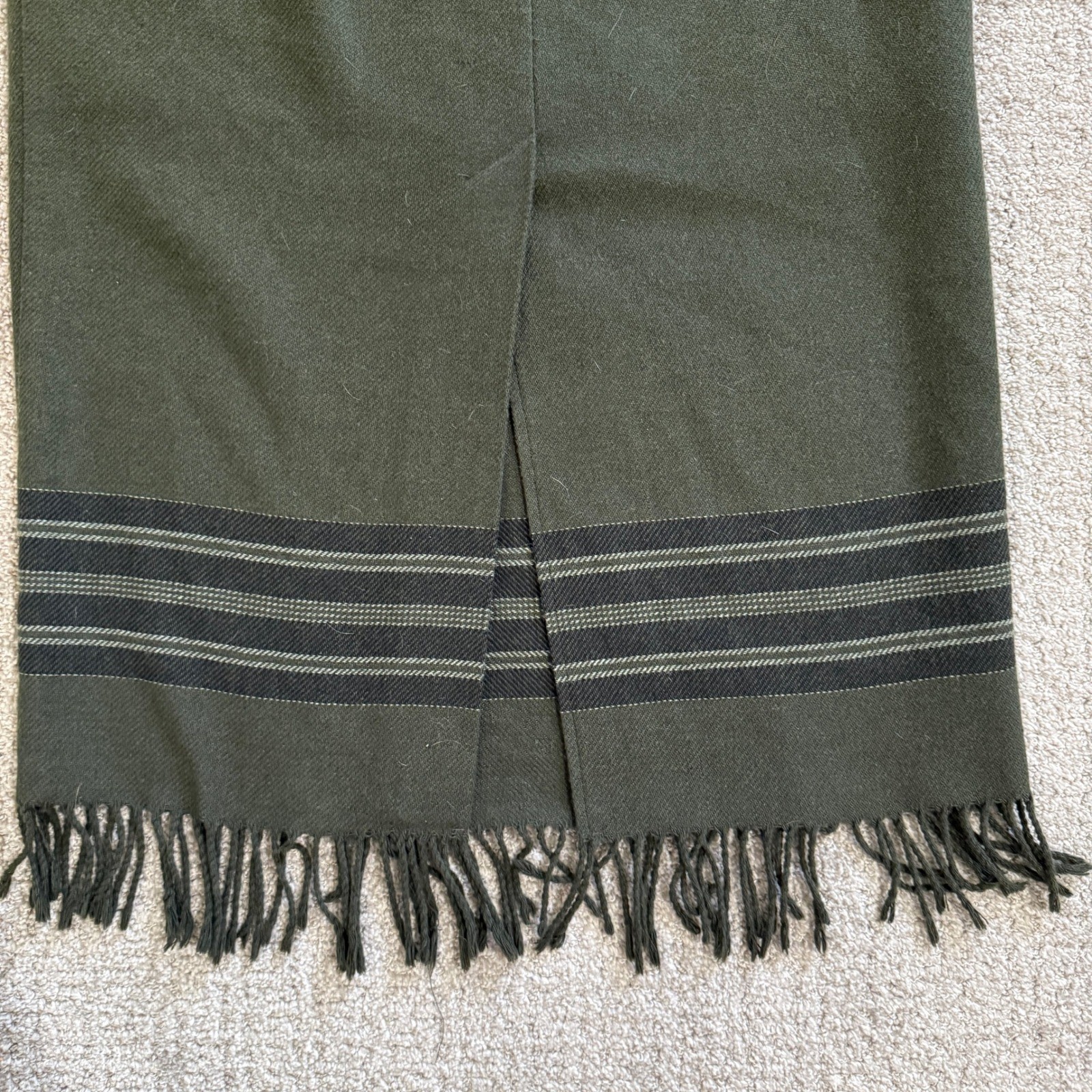 Requirements Vtg Forest Green Wool Blend Maxi Column Pencil Skirt Fringe Hem 8