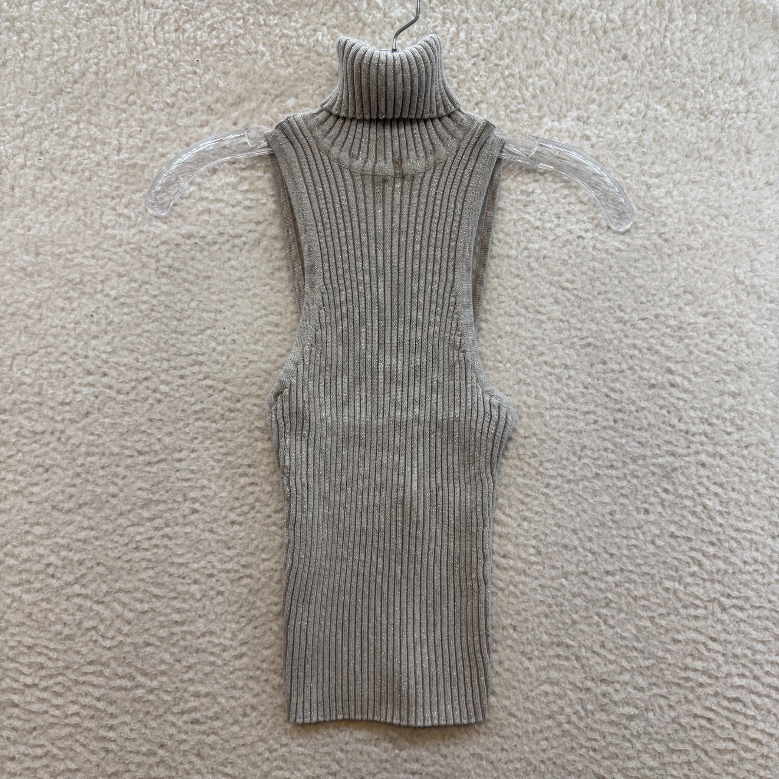Y2K Vintage Express Backless Turtleneck Top Small Grey Silver Glittery Sparkly