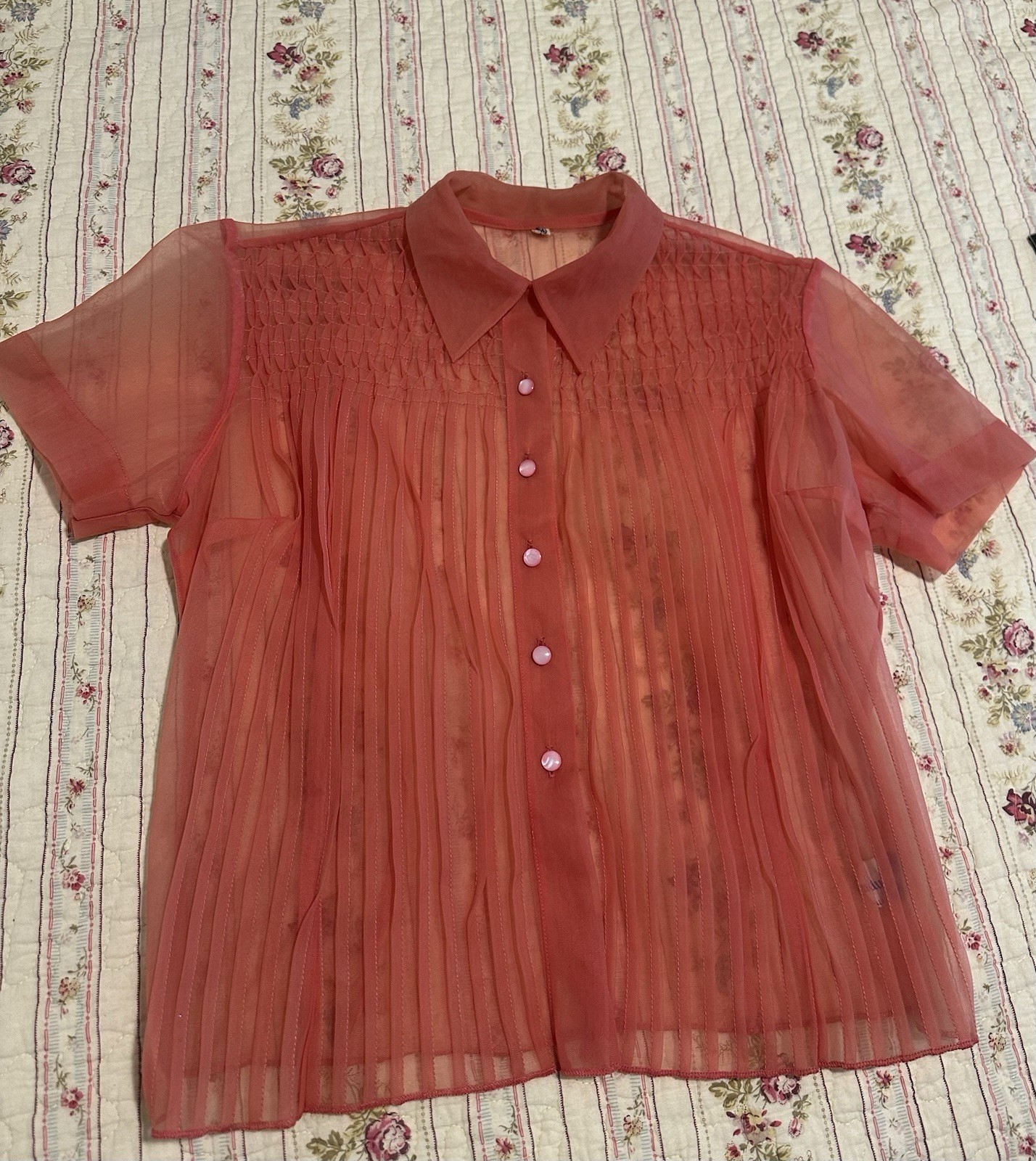 Vintage 1950s Judy Bond Sheer Coral Nylon Smocked Pintuck Rockabilly Pinup S M