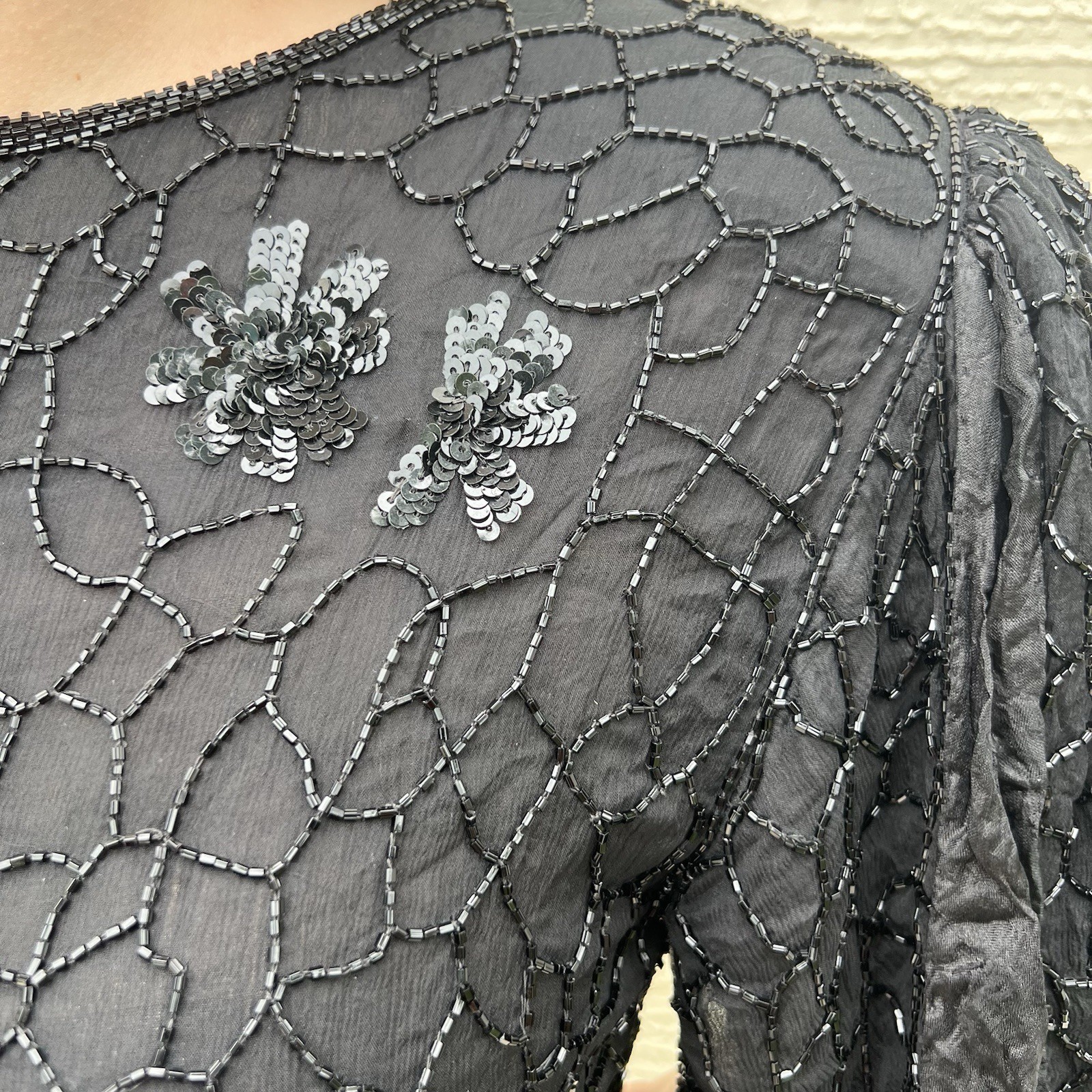 Vintage Frank Usher Black Silk Beaded & Sequin Dress Hand Woven M. Whimsigoth