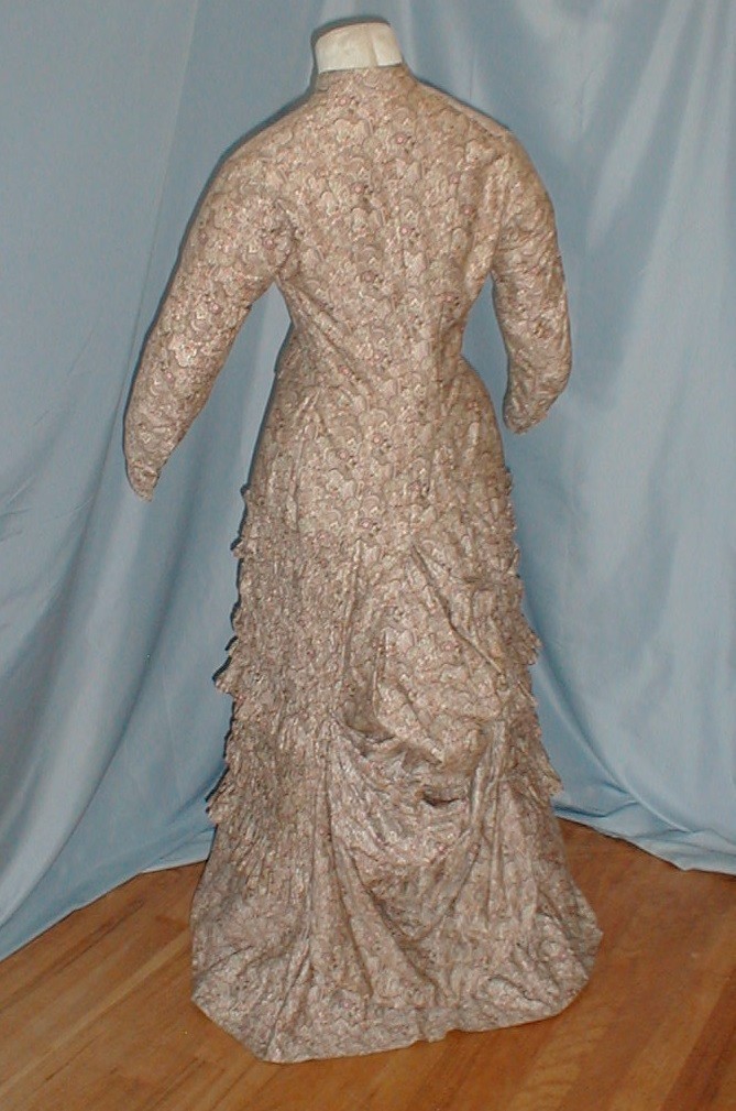 Charming Antique Bustle Dress Victorian 1880 Beige Printed Cotton