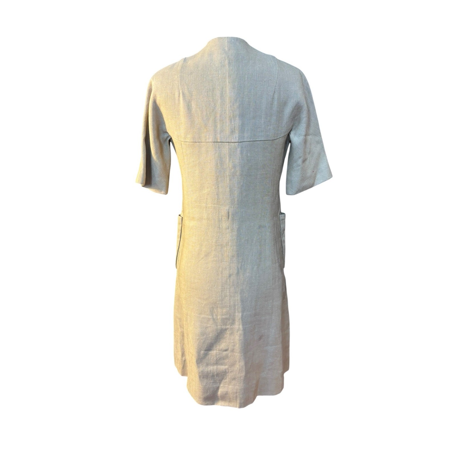Oatmeal Linen Mod Dress 1960s Shell Button Shift Jackie O Pockets 36 38