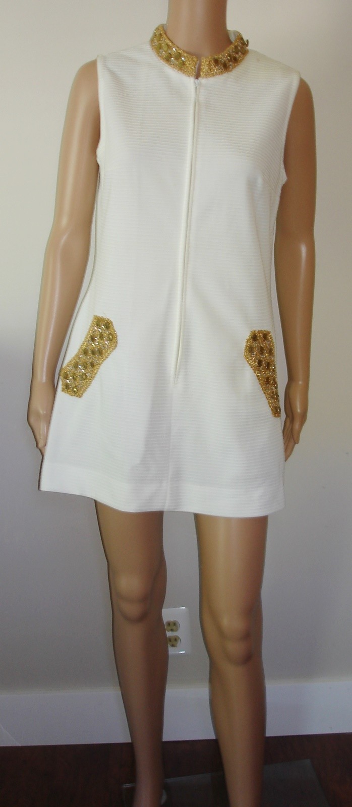 Vtg Cabot Mini Dress Rhinestone Collar & Faux Pocket Details Textured Polyester