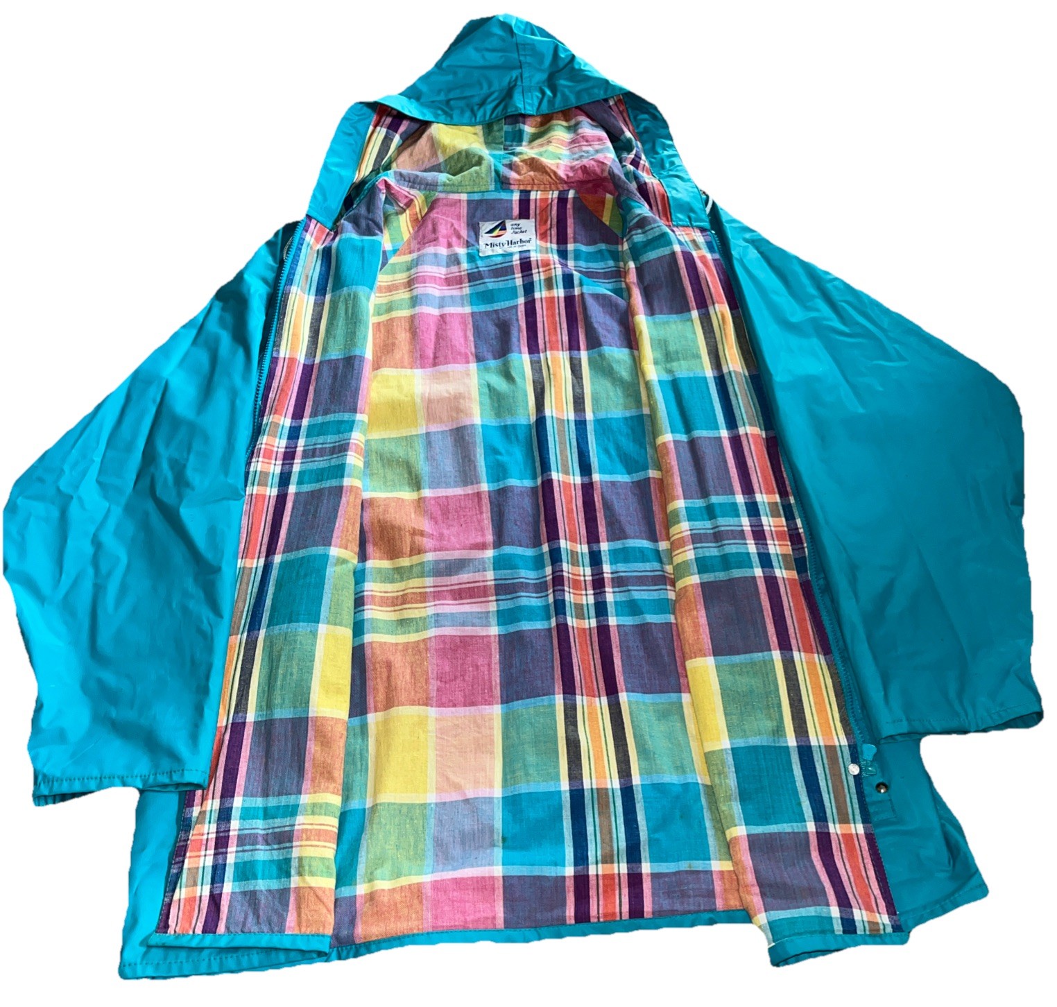 Vintage 90s Misty Harbor Any Time Jacket Rain Coat w/hood Turquoise Plaid Large