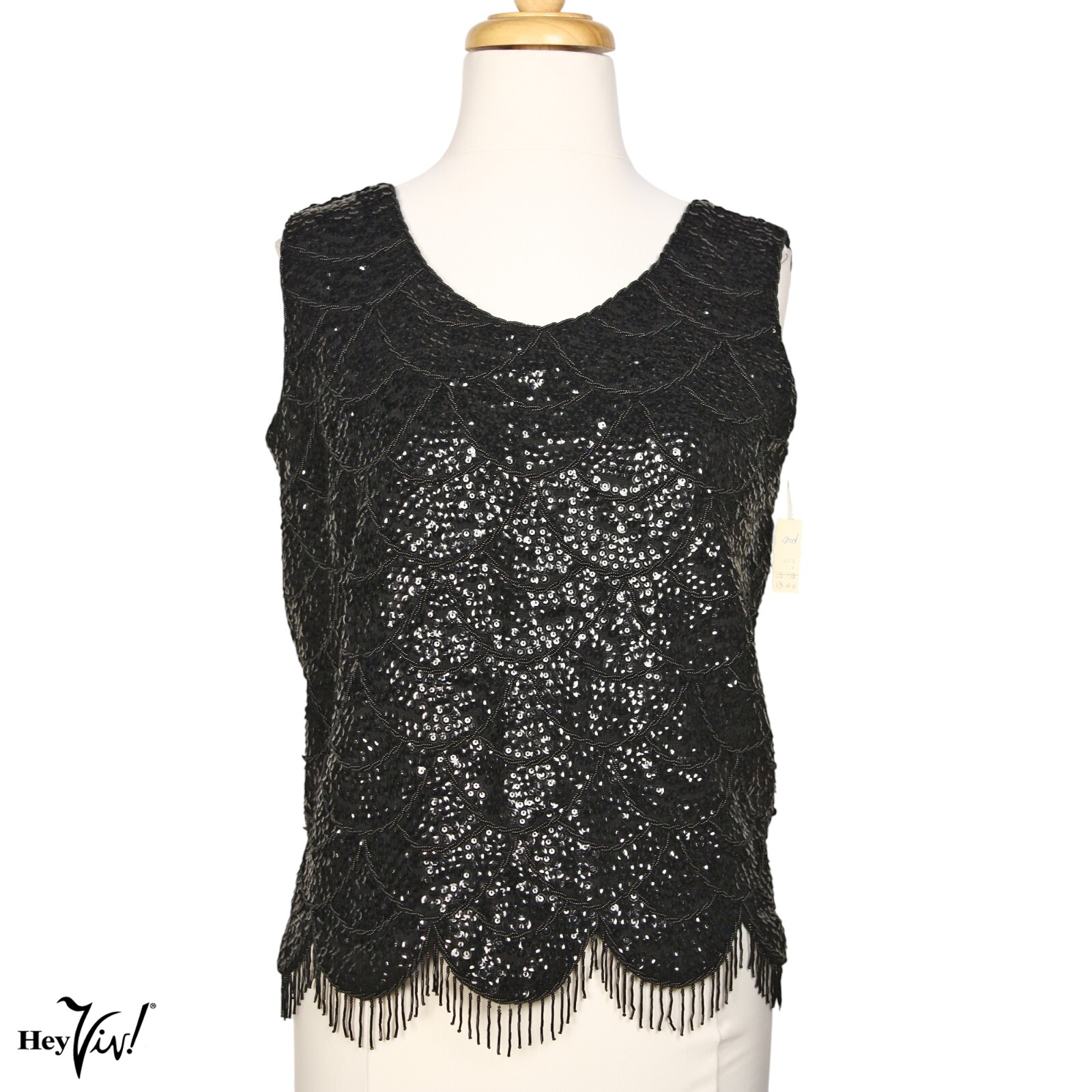 Vintage Black Sequin Bead Shell Top Scalloped Fringe Metal Zip B38 W36 – Hey Viv