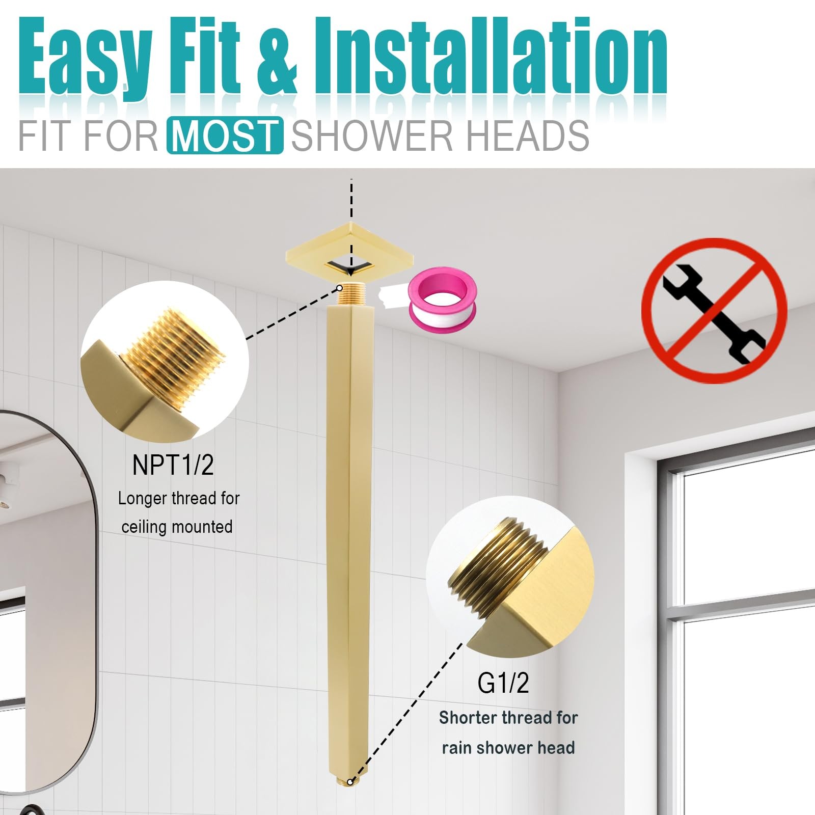 Brushed Gold 16&Prime; Shower Arm w/ Flange & Tape for High Ceiling/Fixed Rainspray
