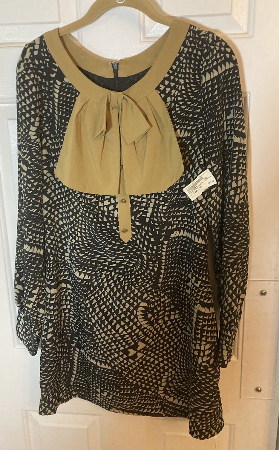 Vintage Dress Size Med Black Brown Polyester or Silk Bow Sheath Long/SL No Tags