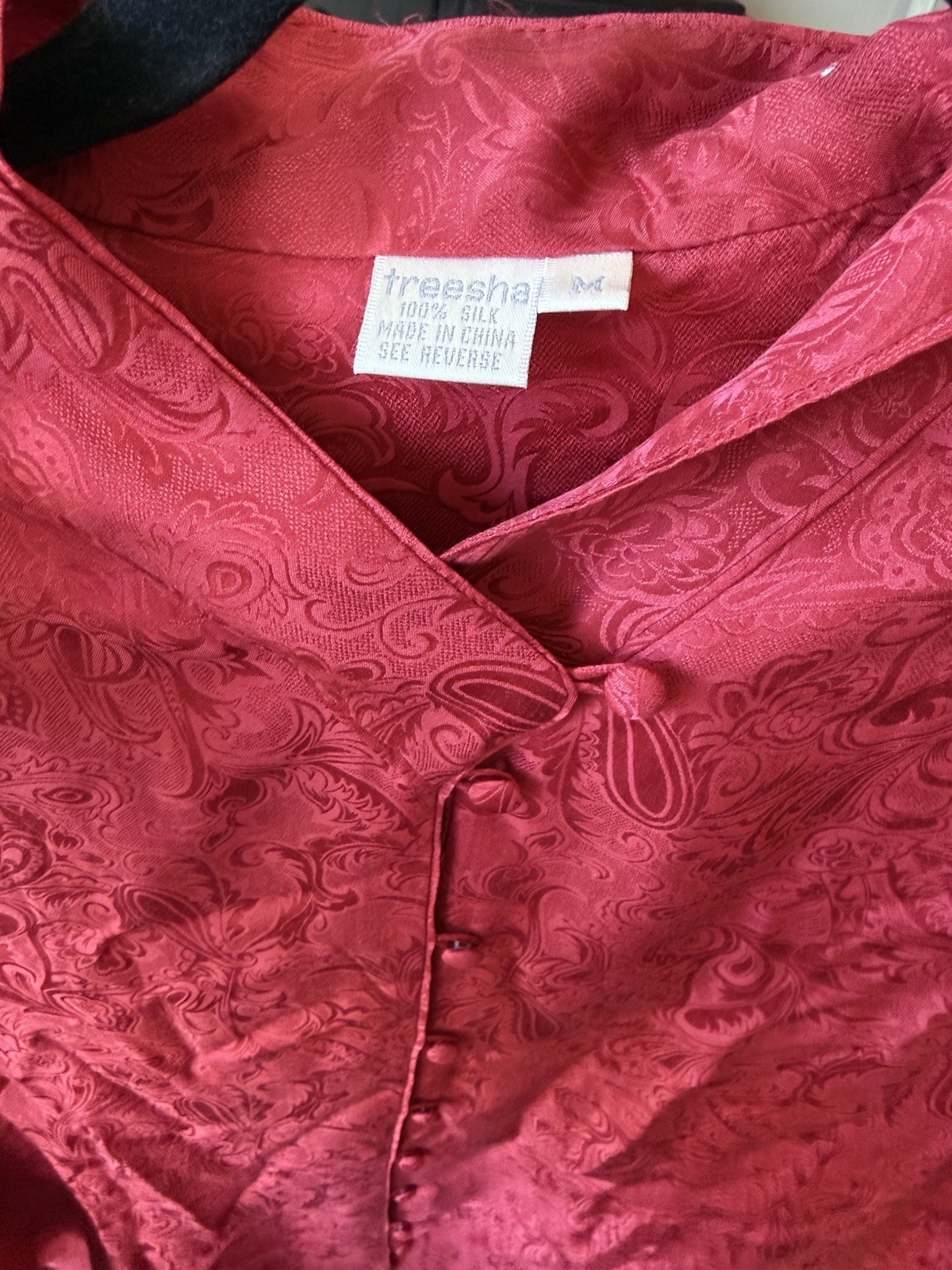 Vintage Oriental Silk Collection 100% Silk Pajamas Size Med Jacquard Red Buttons