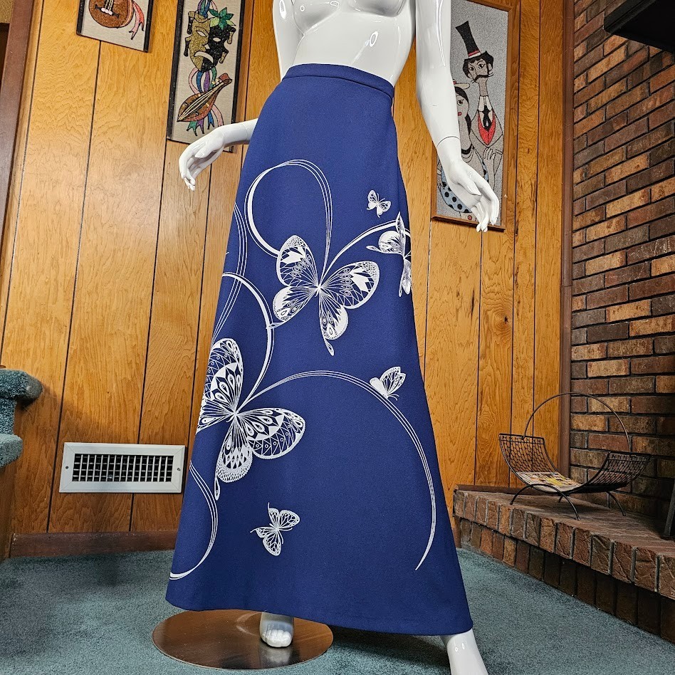 Vintage 70s Alfred Shaheen Hawaiian Butterfly Ribbon Graphic Maxi Patio Skirt M