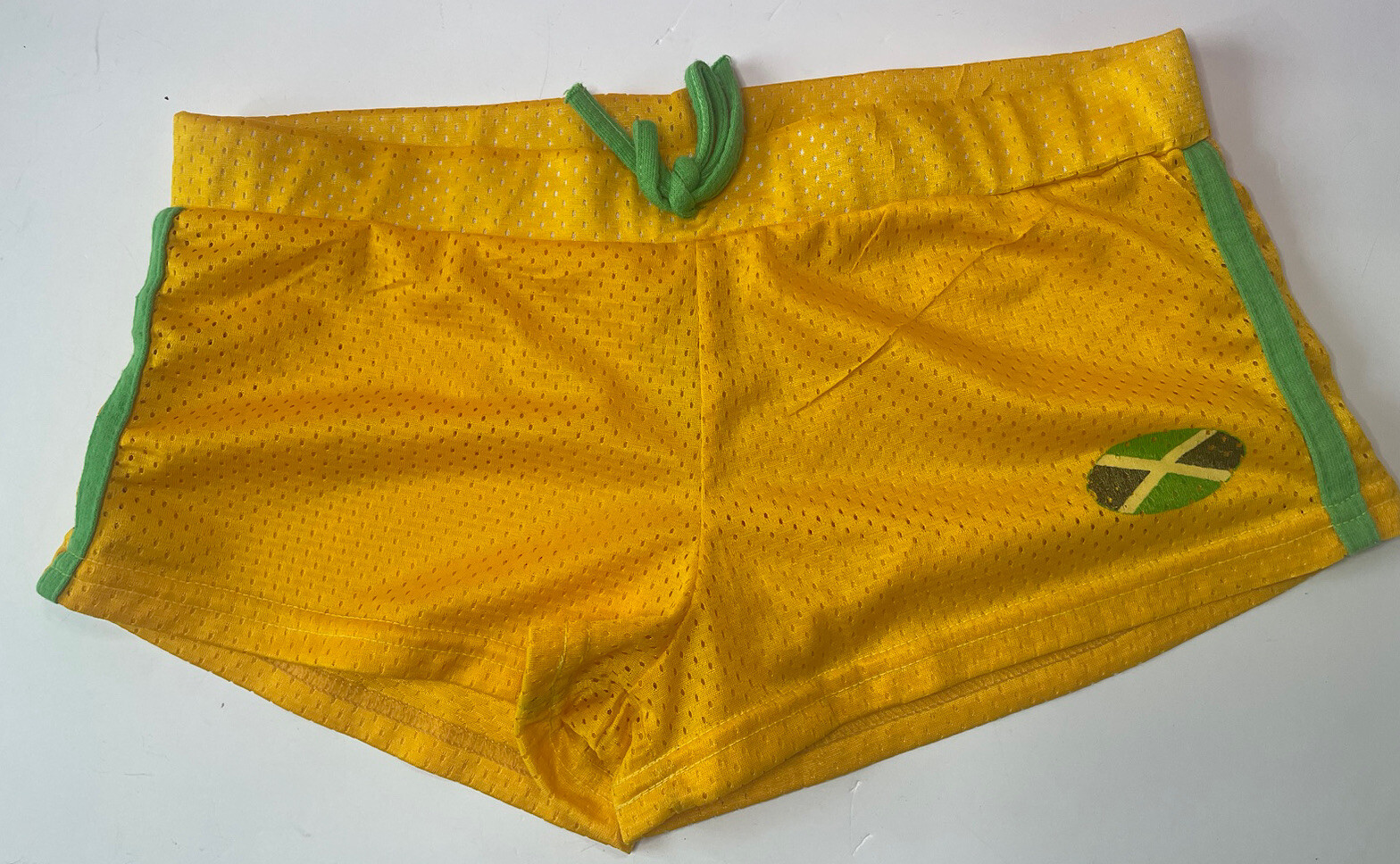 Vtg Womens Mesh Short Shorts Jamaica Spell Out Yellow 29”W TBL Sports