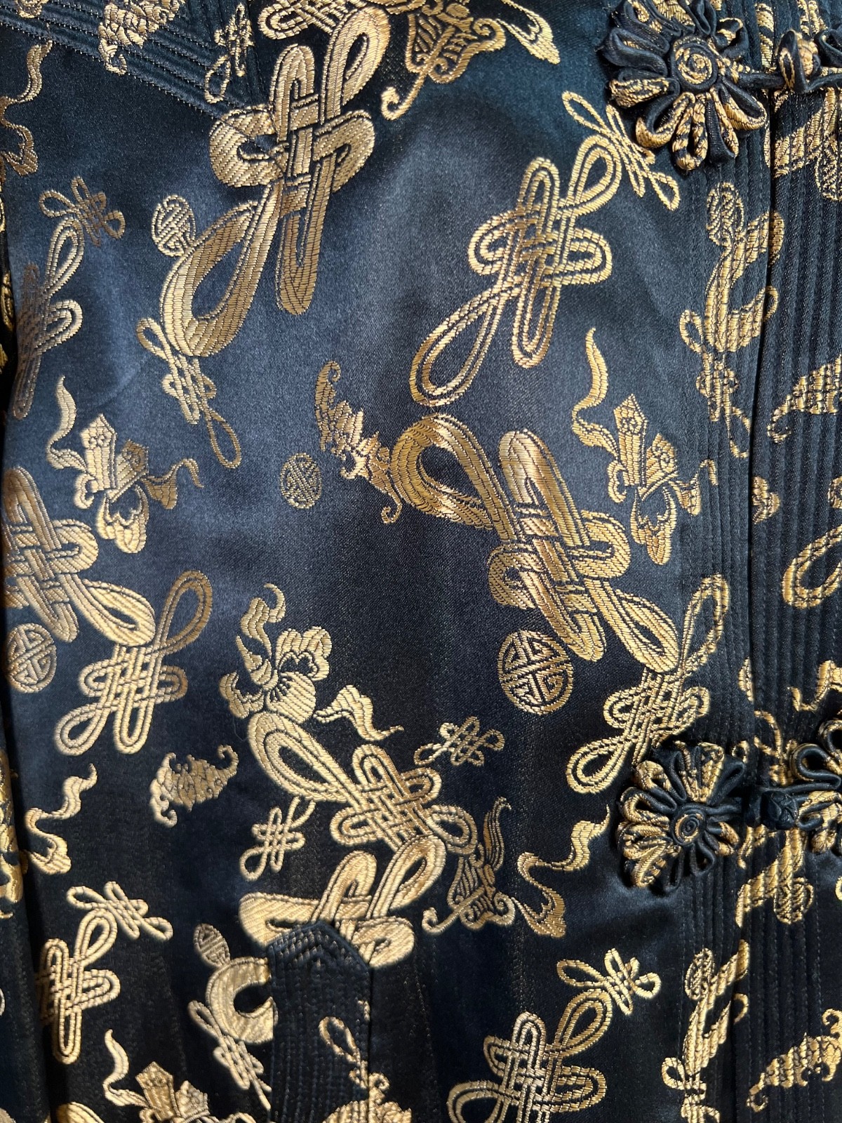 Dynasty Hong Kong Silk Jacket 16 20×28 Black Gold Mandarin Frog Closure Vtg 60s*