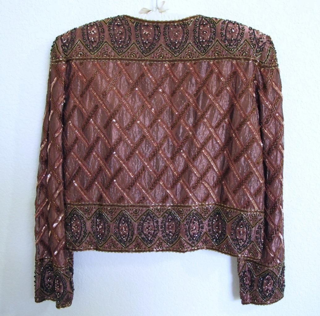 Vintage 80s Stenay Copper Brown Silk Trophy Sequin & Bead Jacket S Glam Party