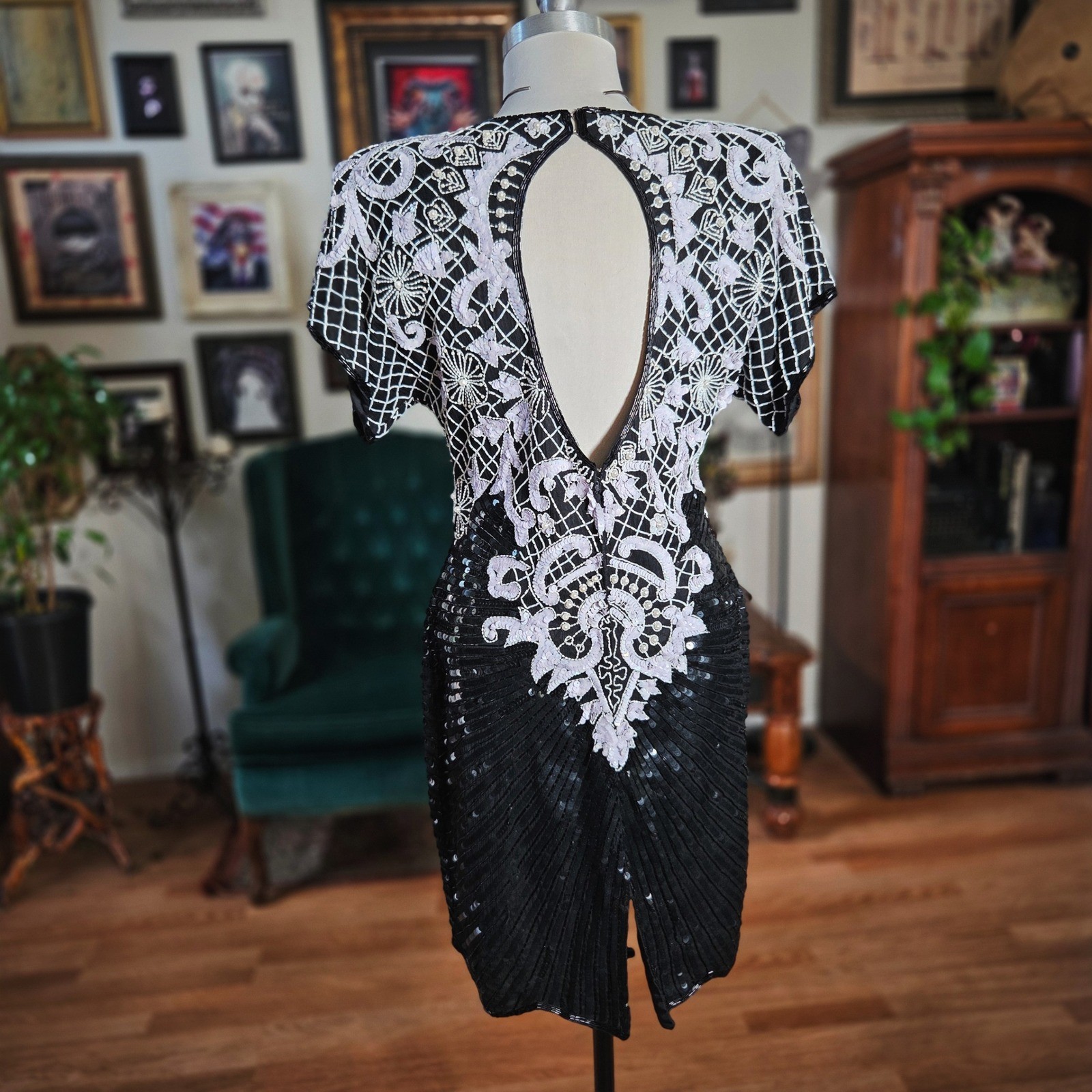 Vintage 90s Stenay 100% Silk Beaded Sequin Cocktail Black Midi Dress Retro