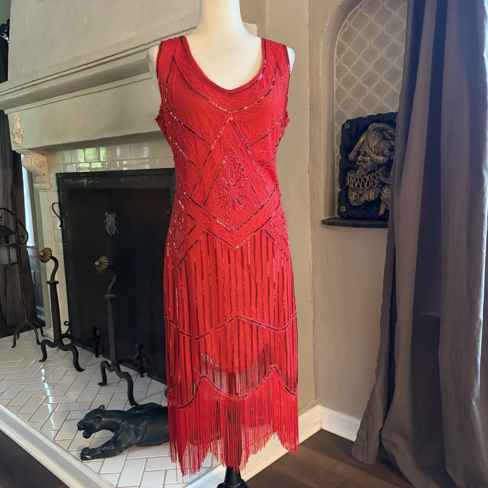 1920s Flapper Great Gatsby Dress Costume V-Neck Red Sequin Beaded Womens Size XL