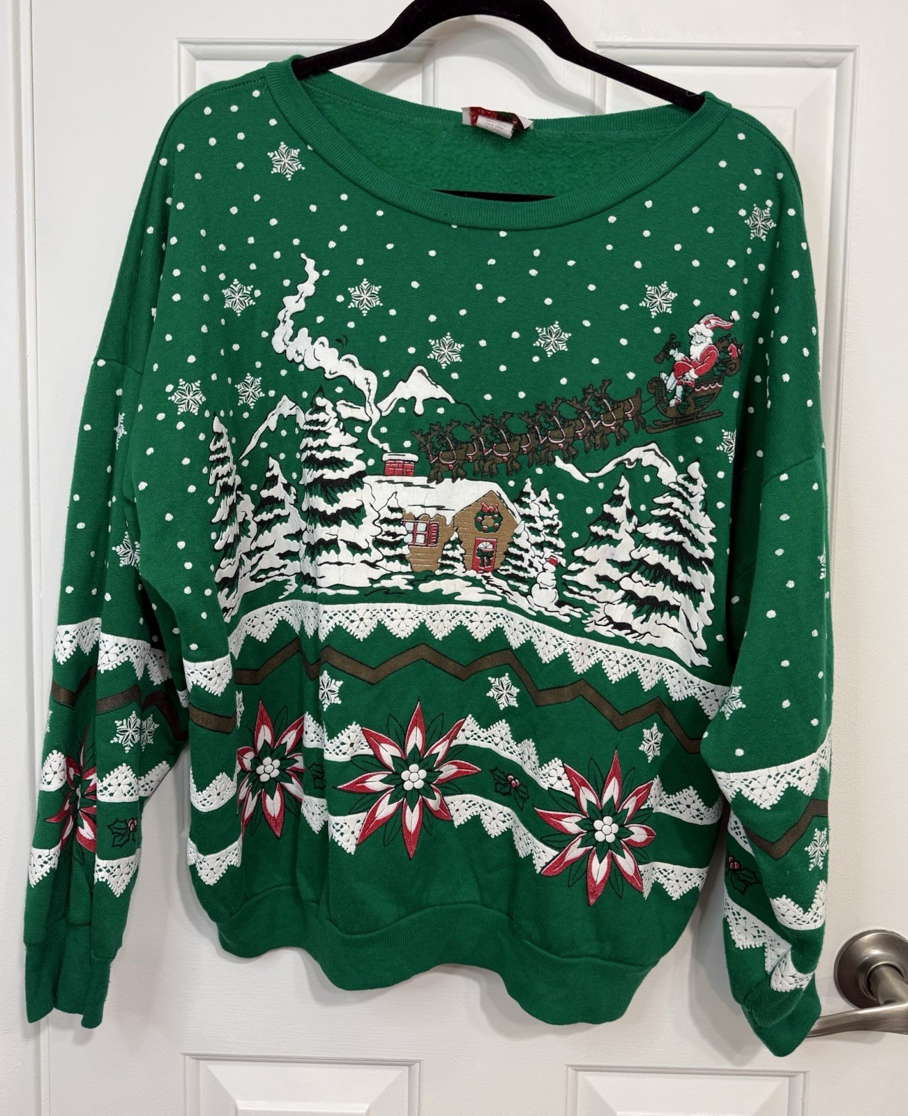 VTG 90s Nutcracker Christmas Sweatshirt Puffy Design Santa Trees Green L