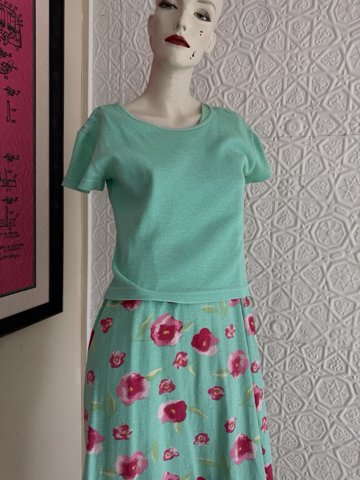 Vintage 1990s Dress Set-Knit-Floral-Spring-Cottage Green Pink-T Shirt-Tank-M