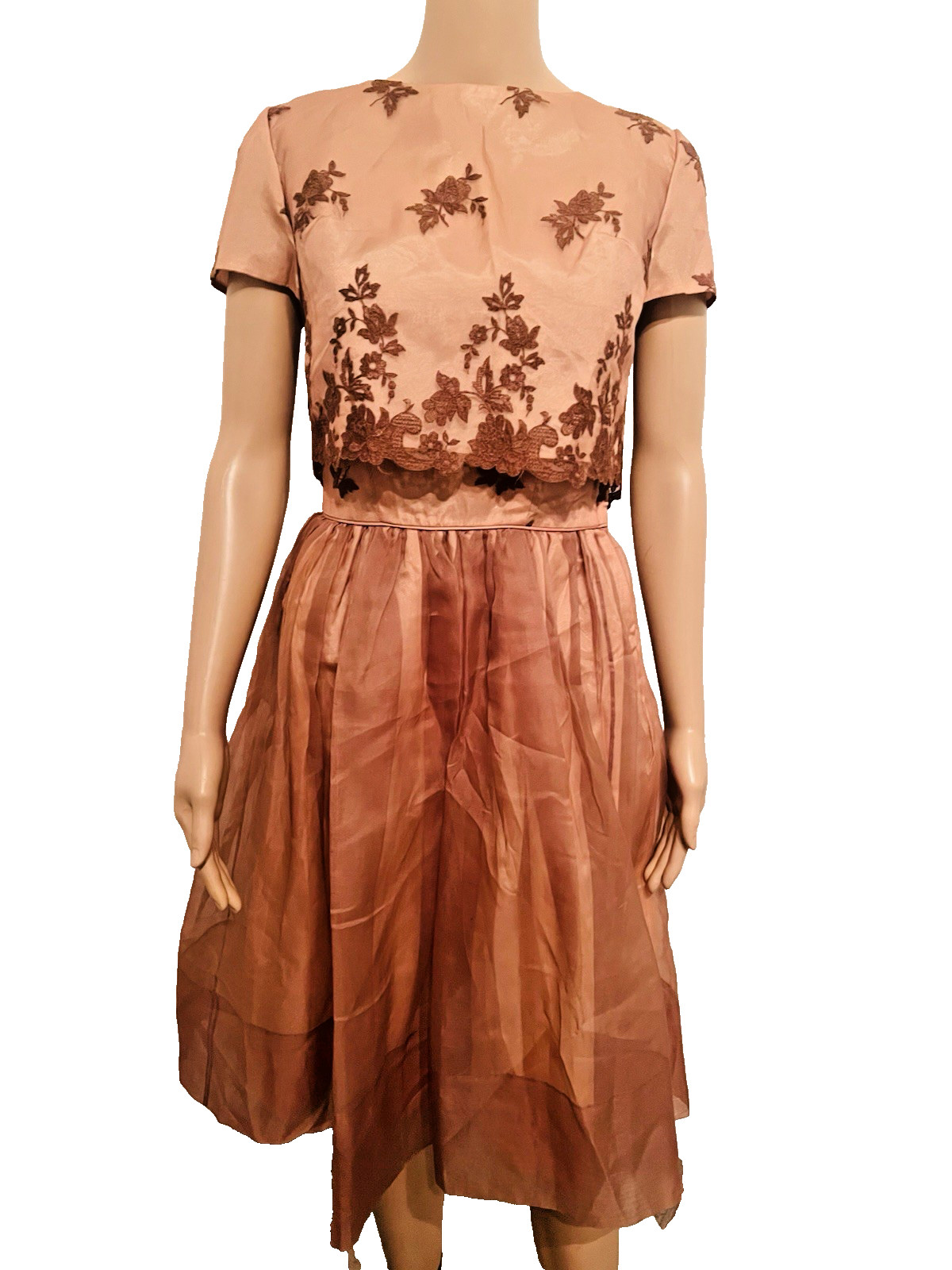 VTG 50s Nina 2pc Copper/Brown Cocktail Dress & Jacket Embroidered Floral Lace M*