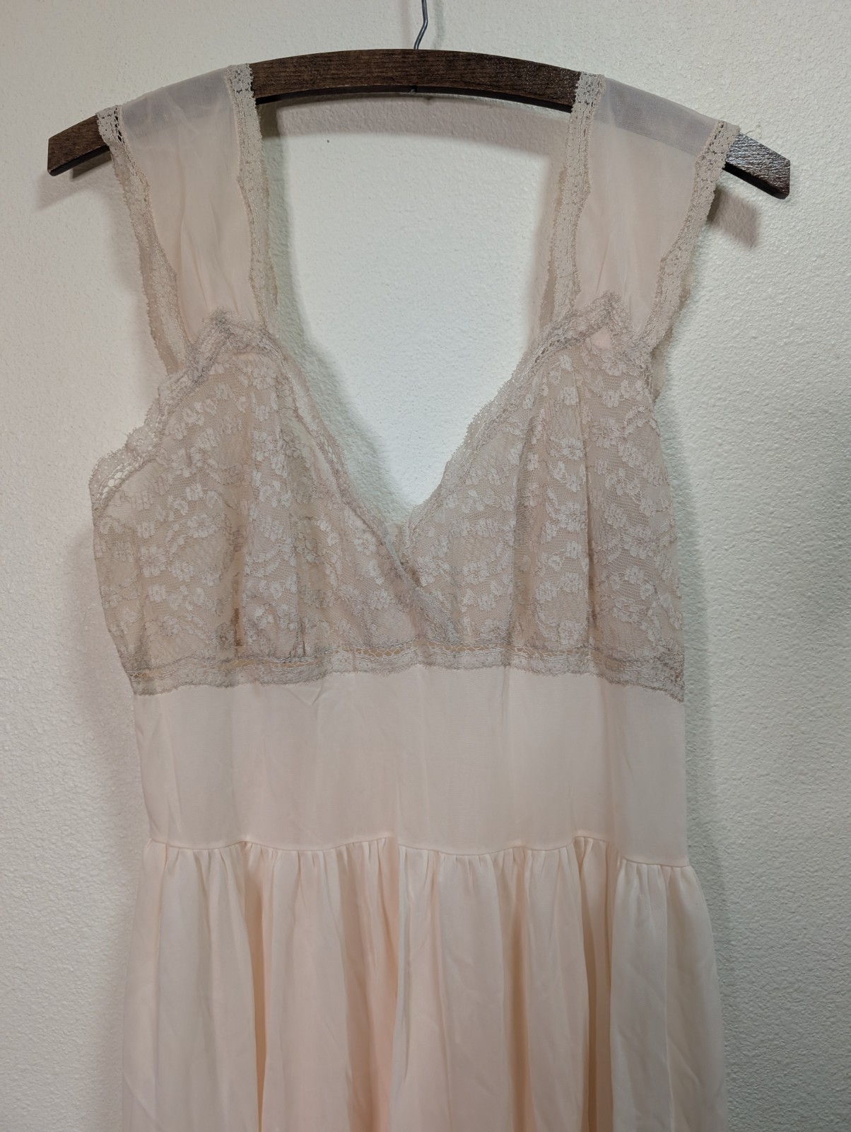 Vintage Blush Peach Lace Chiffon Gown Bardot Style Romantic Bridal Lingerie Slip