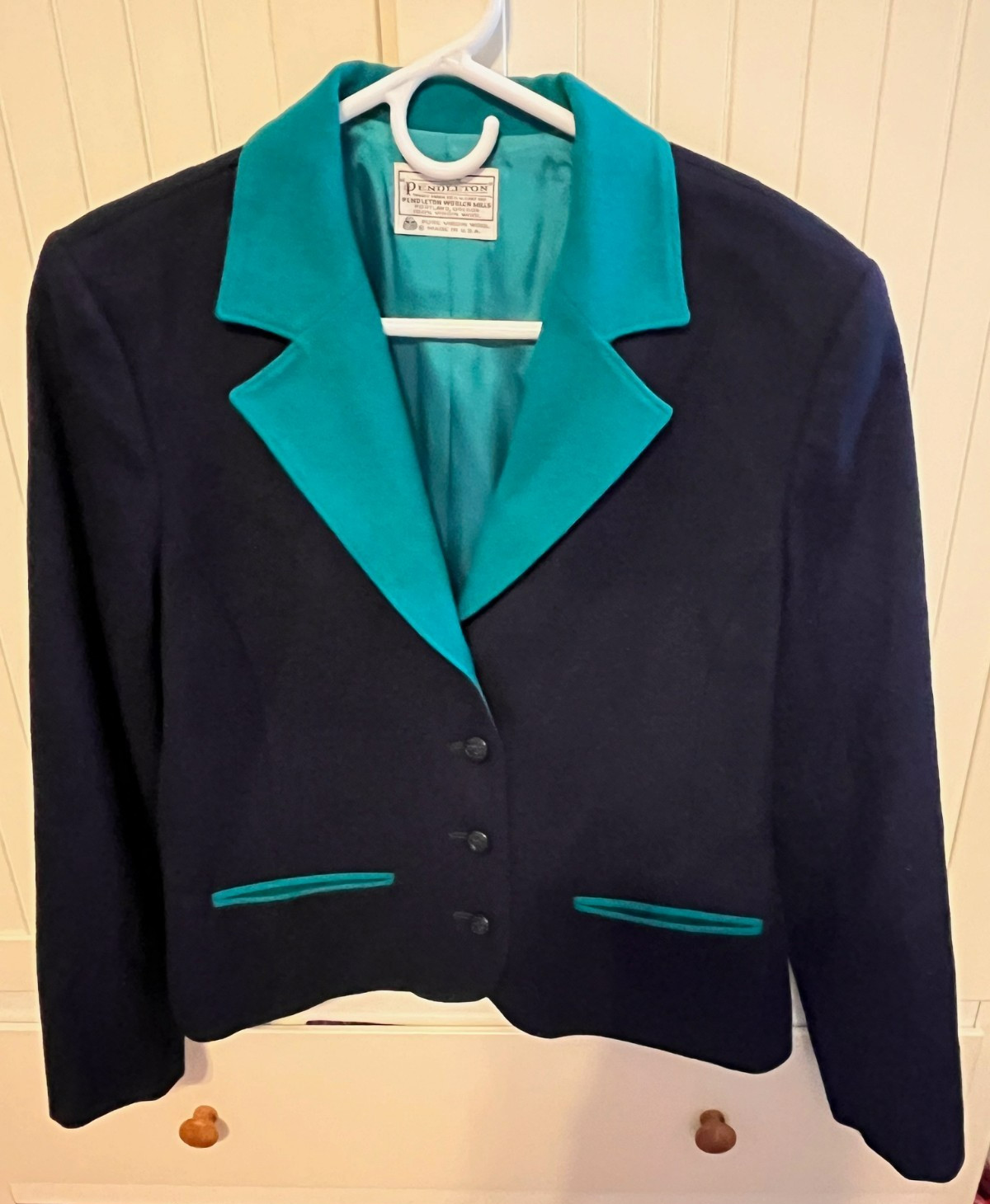 Vtg Miss Pendleton Virgin Wool Blazer Pleated Skirt Navy Turquoise Green Size 8