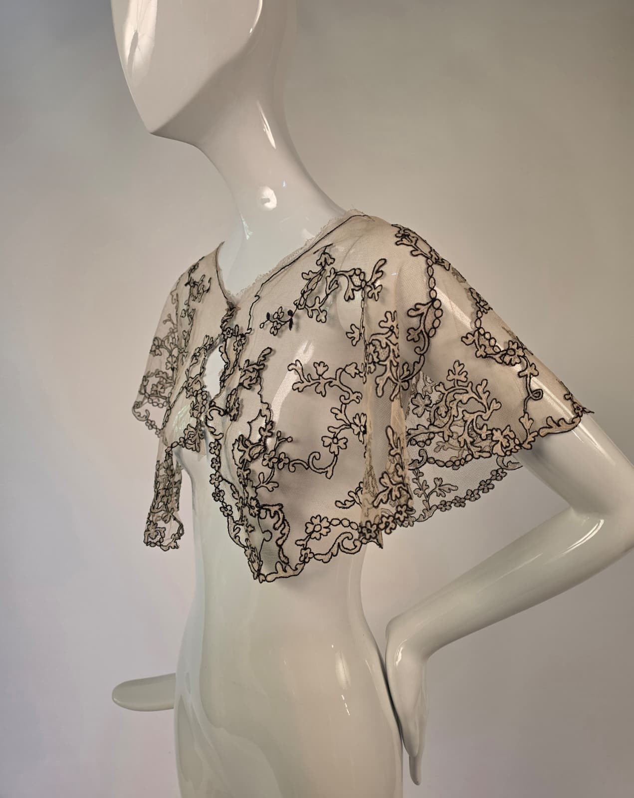 ANTIQUE VICTORIAN 19TH C BLACK EMBROIDERED FLORAL TAMBOUR LACE COLLAR FOR DRESS