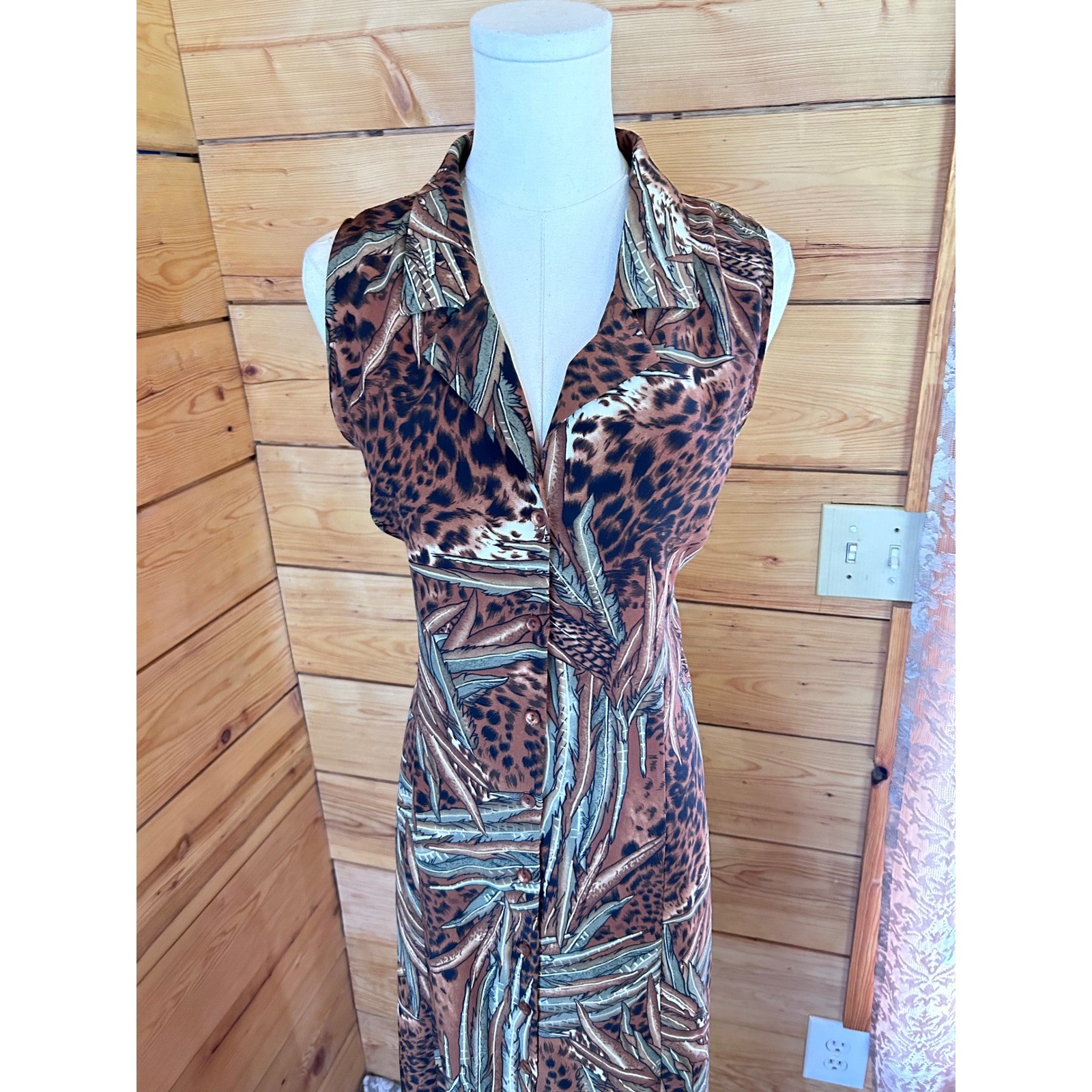 Vintage Maxi Dress Size 14 Brown Leopard Palm Leaf East West Fashions Retro 90&rsquo;s