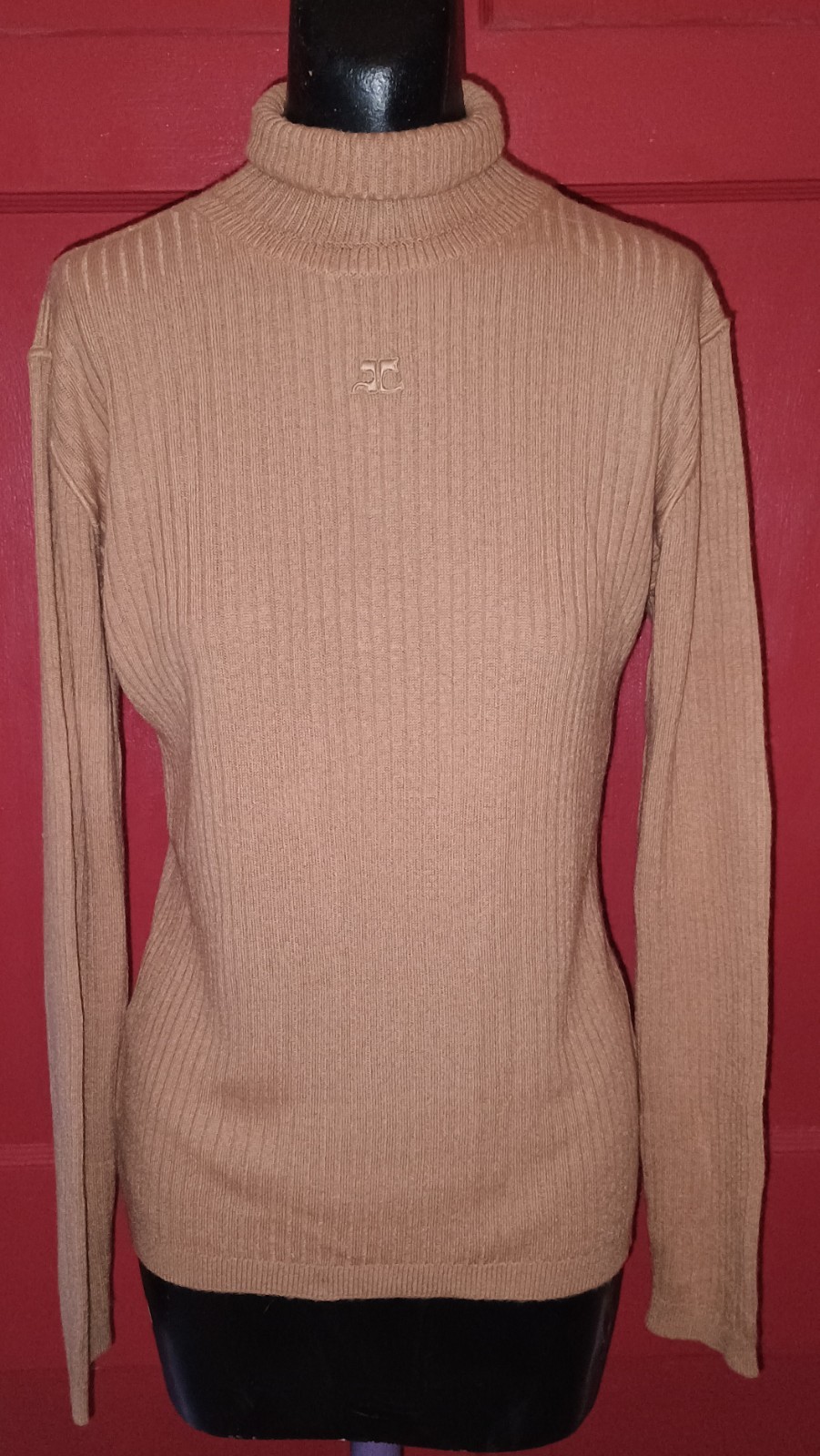 Vintage 70s Courreges Turtleneck Brown Ribbed Sweater Cotton Logo