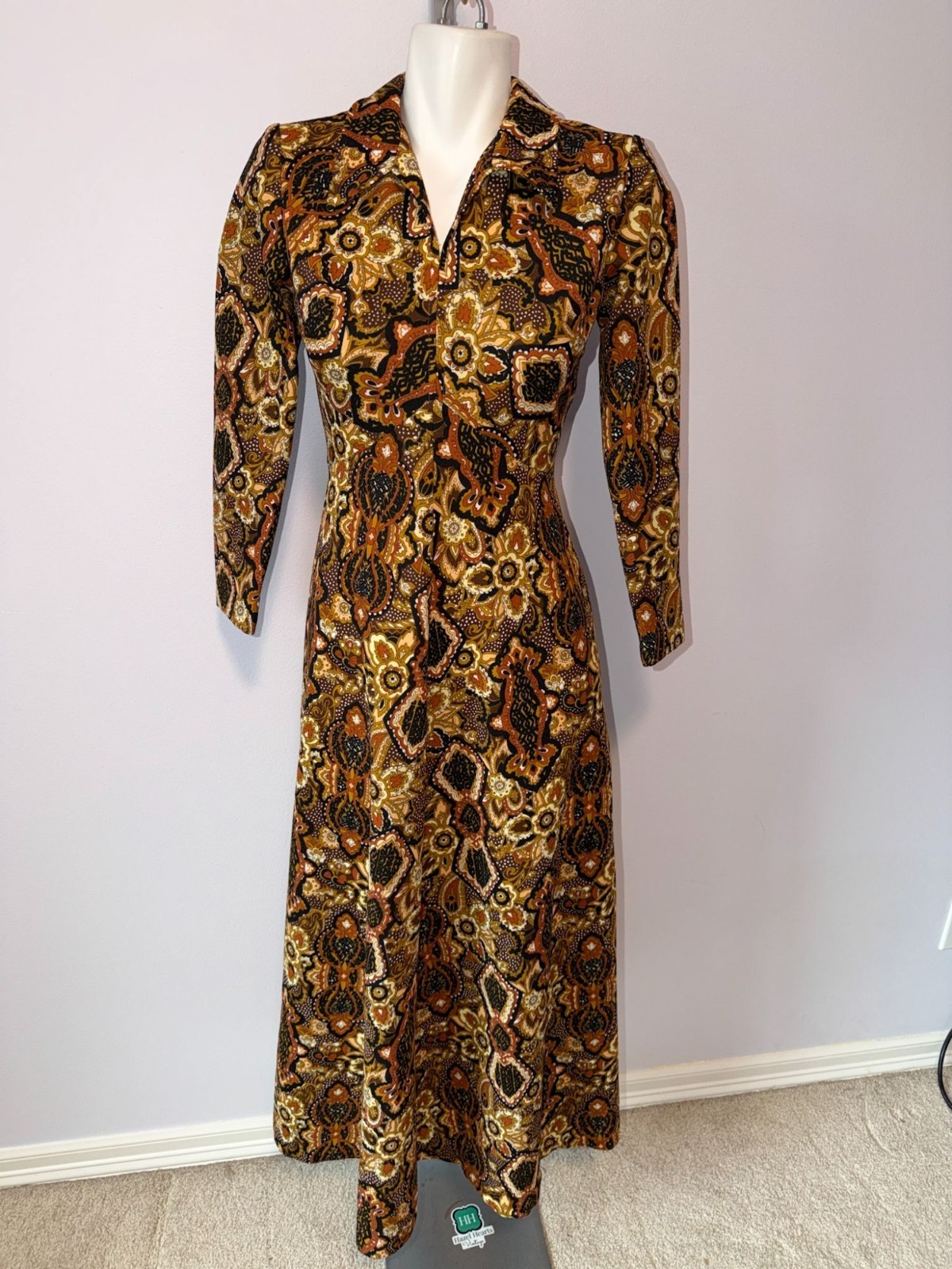 Vintage 70s Boho Psychedelic Paisley Floral Maxi Dress Earth Tones Medium Hippie