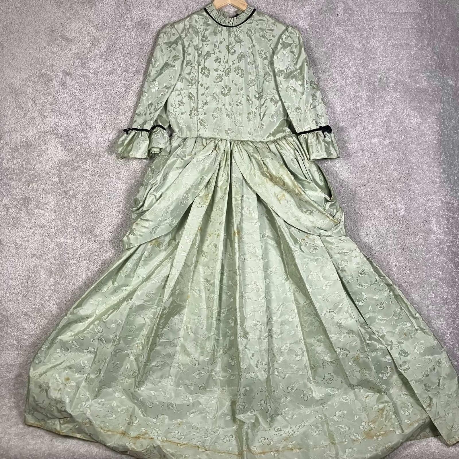 Vintage 60s Victorian Style Gown Women Green Floral Jacquard Brocade Dress