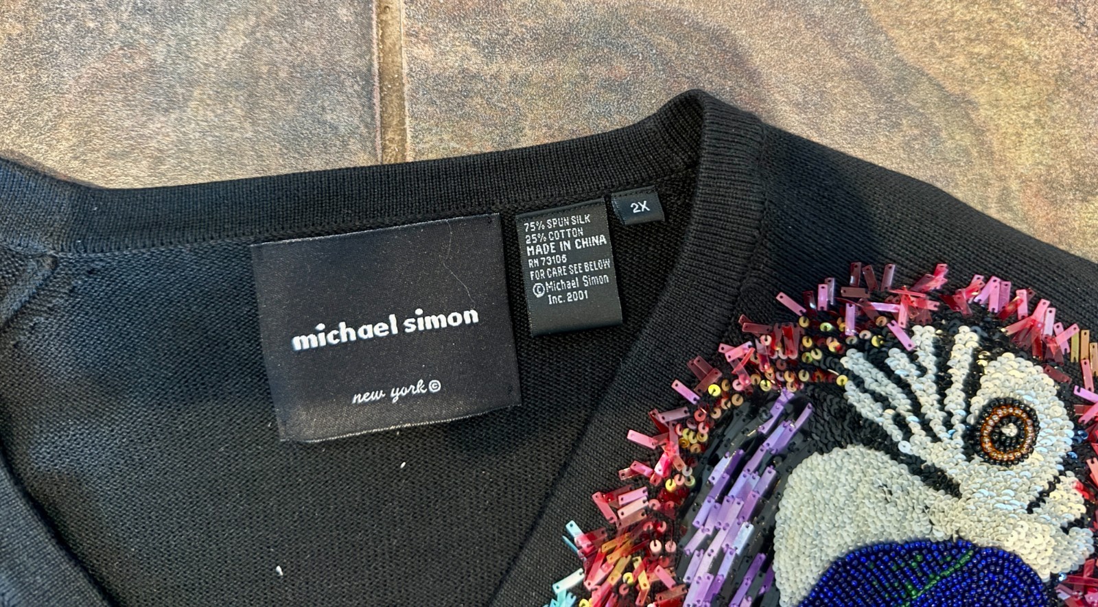 VTG 2001 Michael Simon New York Black Beaded Silk Cotton Parrot Cardigan Womens