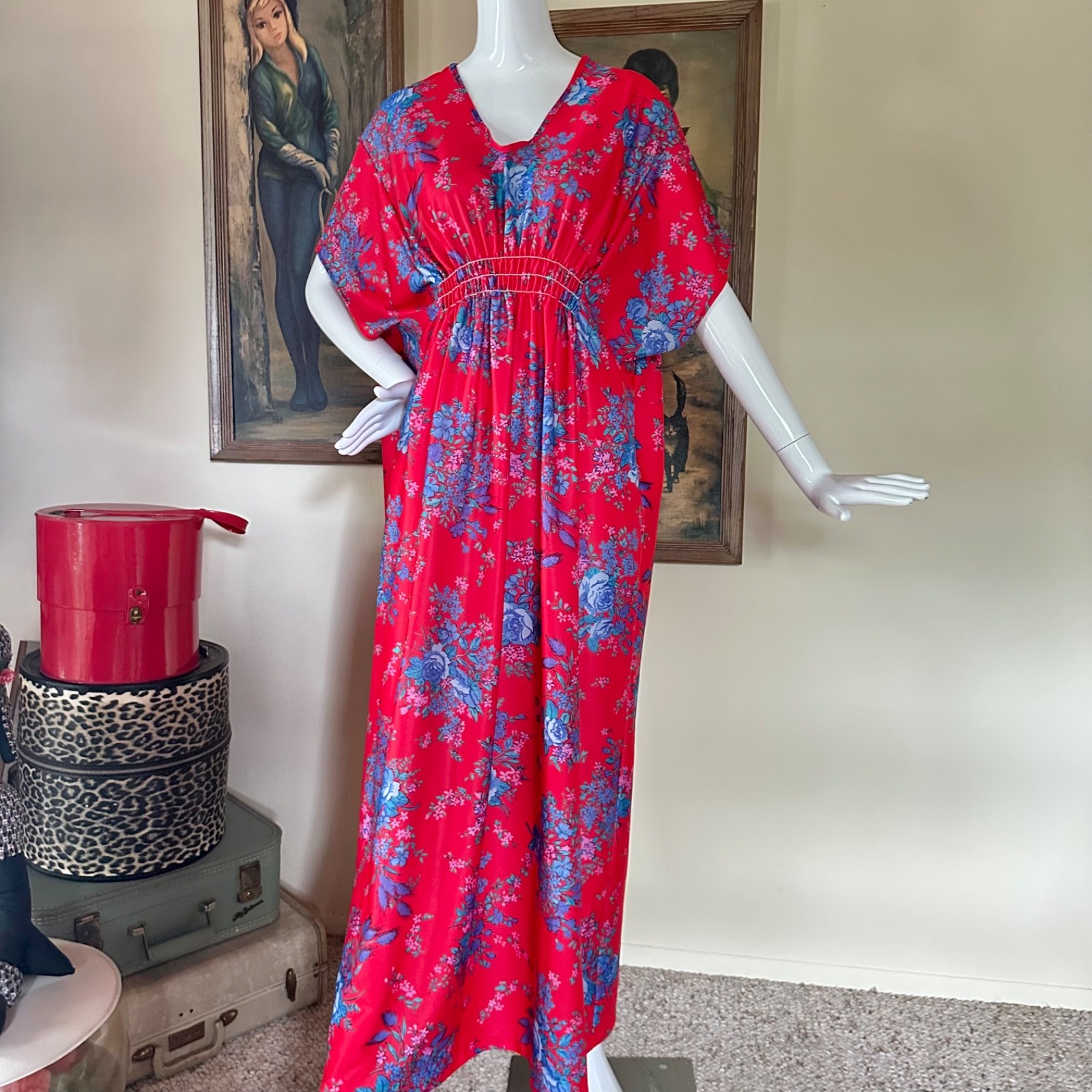 Vintage 1970s Mrs Roper Caftan Goddess Dress Red & Blue Hawaiian Floral M/L