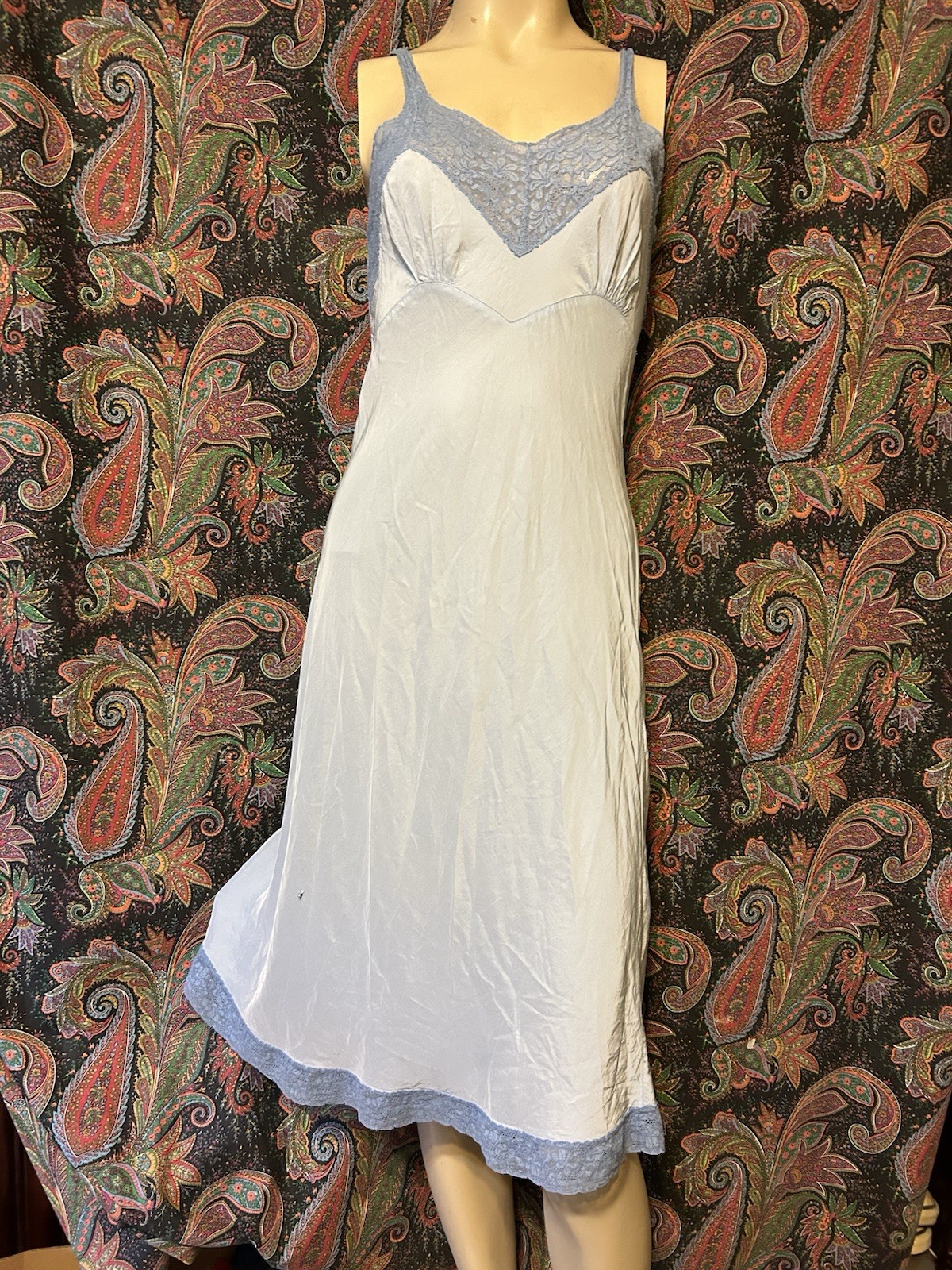 Vintage Elysee 1950&rsquo;s Blue Satin Empire Slip Nighty Lingerie (32-34)