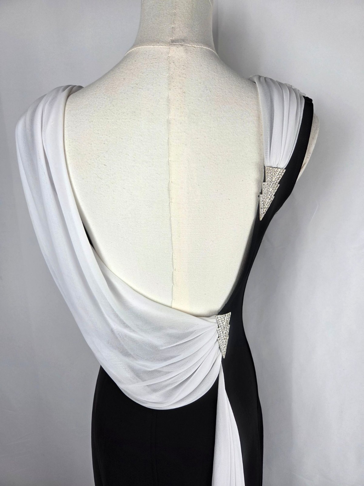 Vintage Cache Black White Evening Gown 90s Y2K Cowl Draped Open Back Formal XS