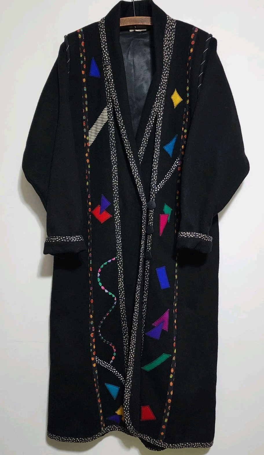 Vintage LYNN MURRAY Wearable Art Wool Coat Long Black Applique Geometric 80s 90s