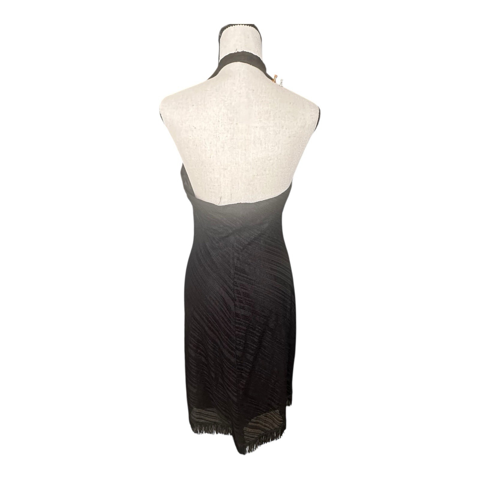Vintage California Concepts Black Halter Fringe Hem Dress Large Made in USA