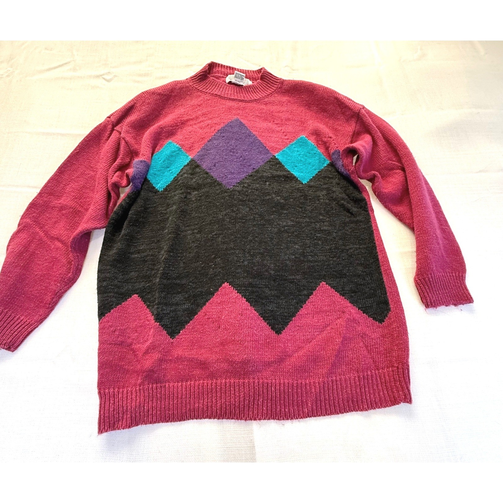 Vintage 80s Colorblock Sweater 18W Plus Size Ramie Knit Bold Chevron