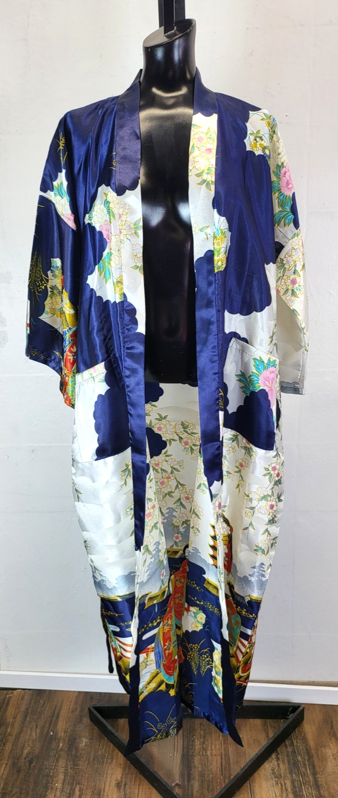 VTG Silver Dragon De Oriental Classic Blue Kimono Robe Geisha Womens XXL
